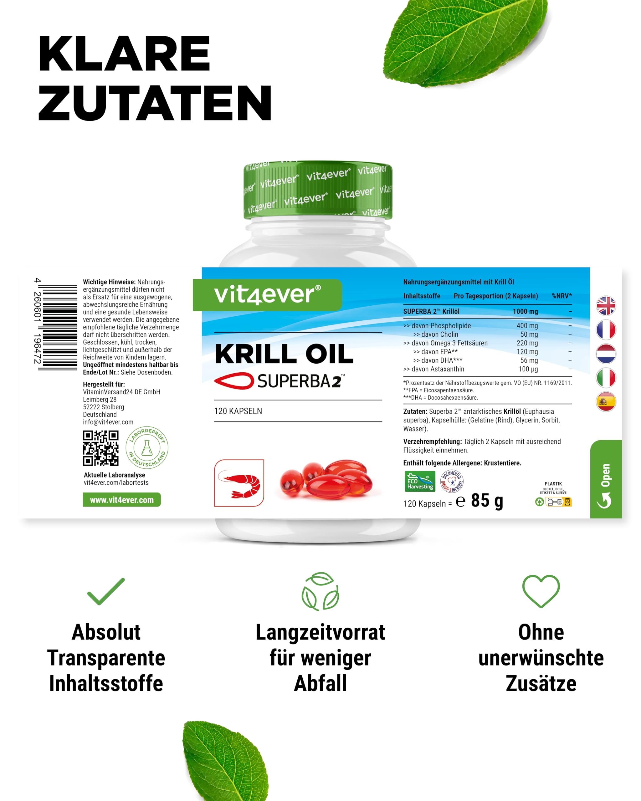 vit4ever Krill Öl - 120 Kapseln - Superba Antarktis Krillöl | 1000 mg Krillöl, EPA & DHA, Astaxanthin, Phospholipide, nachhaltig