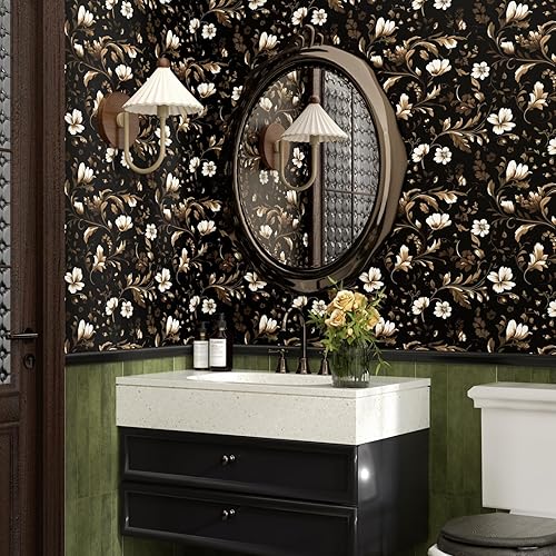 Miniatura 7 de Papel tapiz vintage para despegar y pegar, papel tapiz floral negro y blanco, papel de contacto con hojas vintage, impermeable, autoadhesivo para