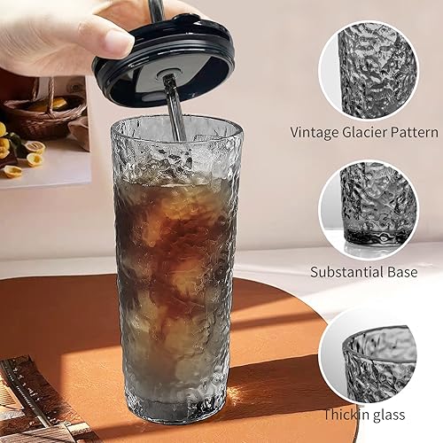Miniatura 4 de Puraville Paquete de 2 vasos de vidrio de 18 onzas con tapas y pajitas, cristalería gruesa con patrón glaciar vintage para whisky, cóctel, cerveza,
