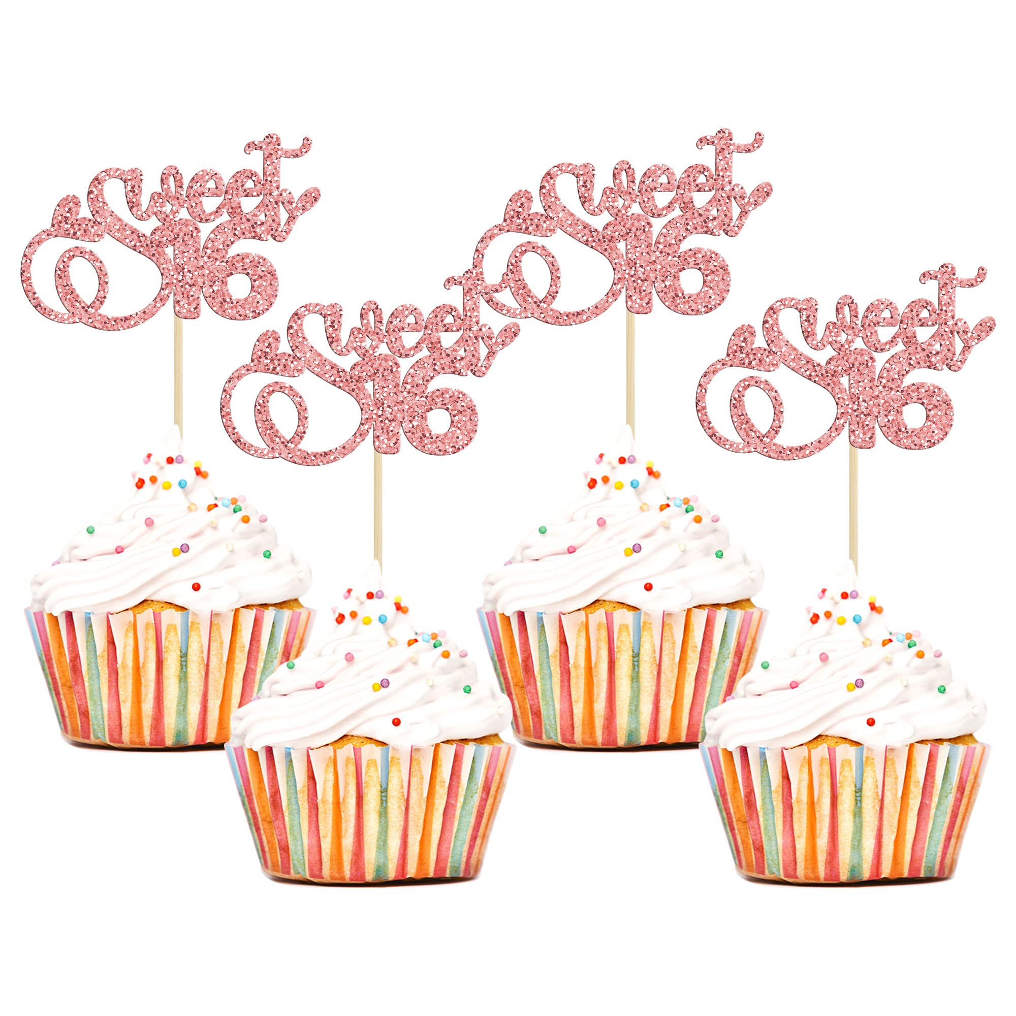 24Pcs Sweet 16 Cupcake Toppers Glitter Sixteen 16th Birthday Cupcake Picks Cheers to 16 Years Old Cupcake Decorations for 16th Birthday Anniversary Party Cake Decorations Supplies Rose Gold