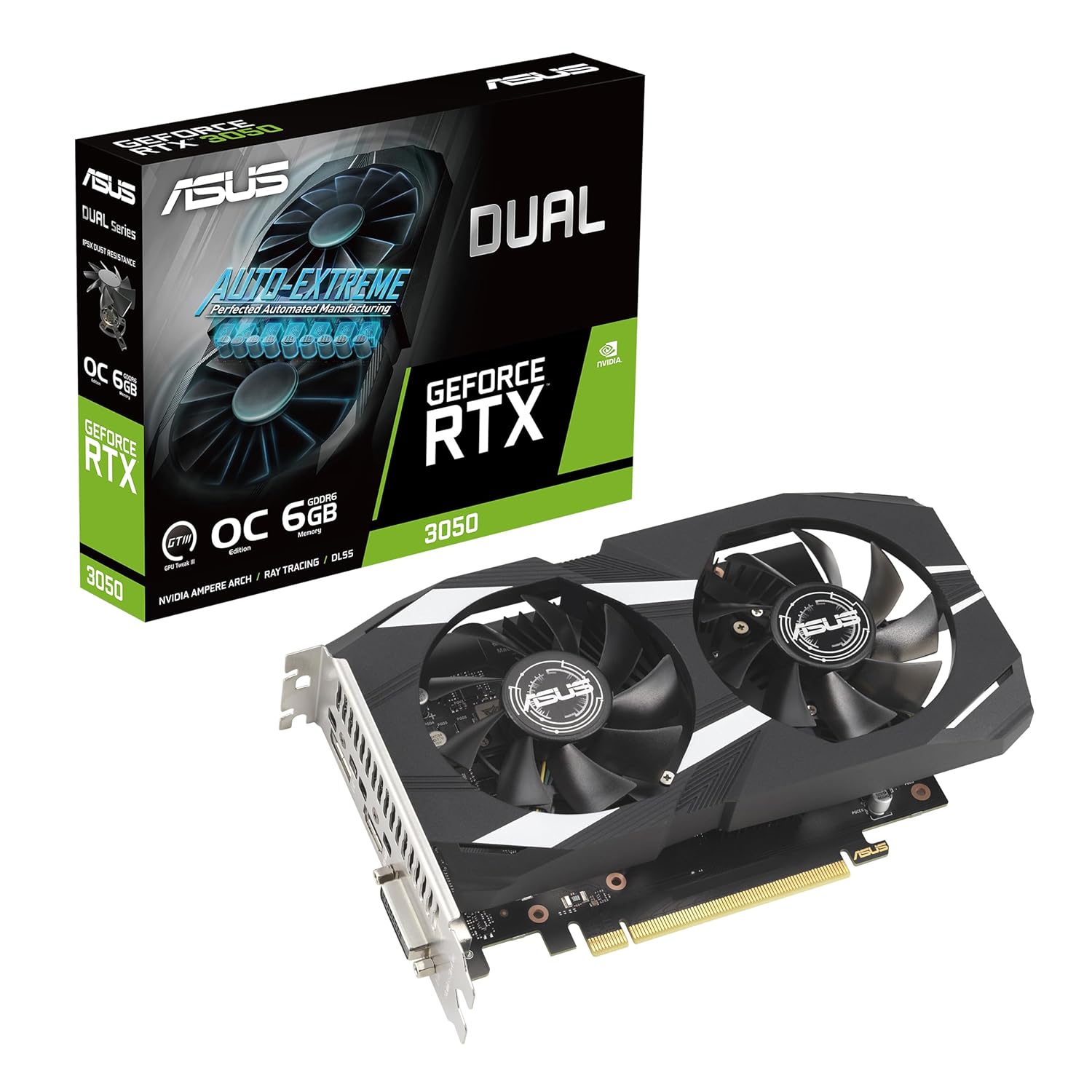 ASUS Dual NVIDIA Geforce RTX 3050 6GB OC Edition Gaming Graphics Card-pci_e_x16 4.0, 6GB GDDR6 Memory, HDMI 2.1, Displayport 1.4A, 2-Slot Design, Axial-Tech Fan Design, 0Db Technology, Steel Bracket ASUS Dual NVIDIA Geforce RTX 3050 6GB OC Edition Gaming Graphics Card-pci_e_x16 4.0, 6GB GDDR6 Memory, HDMI 2.1, Displayport 1.4A, 2-Slot Design, Axial-Tech Fan Design, 0Db Technology, Steel Bracket