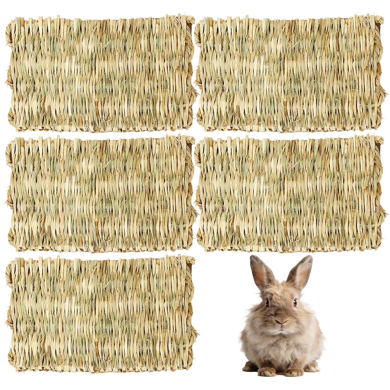 Wihozte Small Animal Grass Mat, 5 Pack 22x30cm Rabbit Hay Mat, Durable Rabbit Scratch Mats Natural Hay Chew Toy Bed for Bunny Guinea Pig Chinchilla Hamster