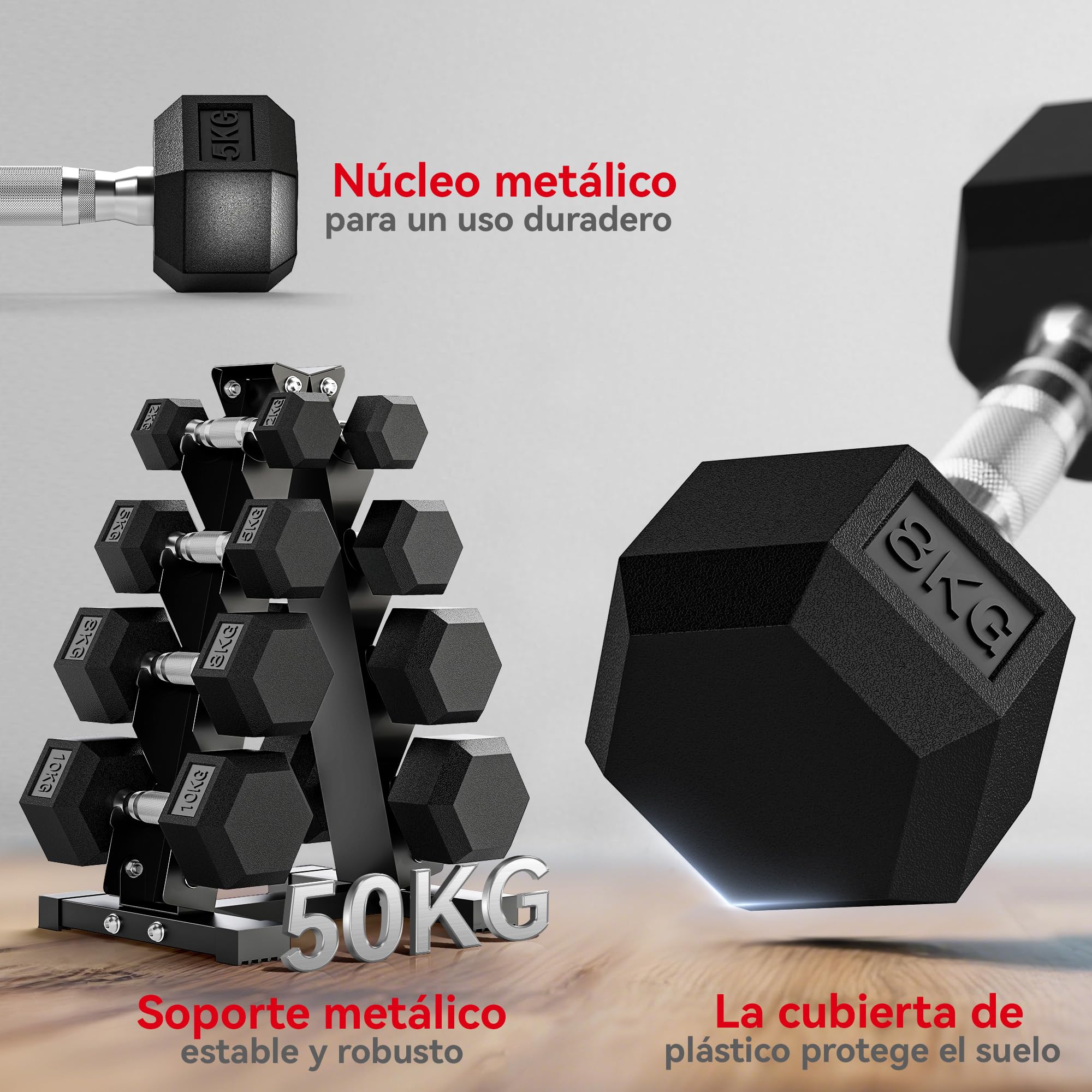 SPORTNOW Juego de Mancuernas Hexagonales 6/8 Piezas 36/50 kg con Soporte | 2x4kg, 2x6kg, 2x8kg, Soporte Almacenamiento, Recubrimiento Goma, Mango Antideslizante, Entrenamiento Casa Gimnasio