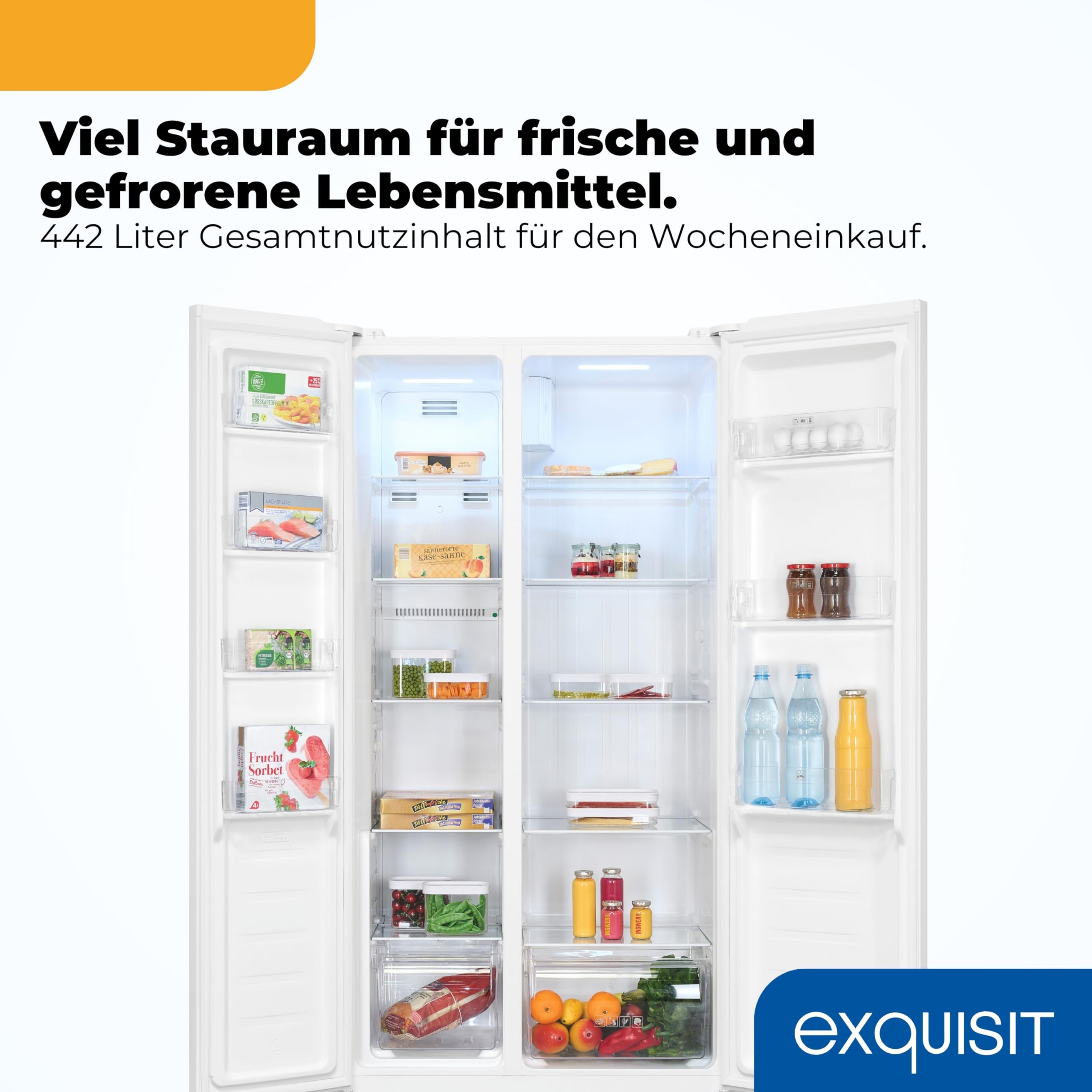 Exquisit SBS546-040D Side-by-Side Kühlschrank, 442 L, No Frost, Weiss | Freistehende Kühl-Gefrierkombination mit Energieklasse D, 39 dB leisem Betrieb, Schnellgefrierfunktion und LED-Display
