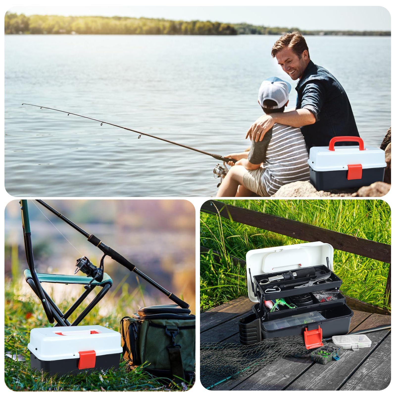 213 Stück Angelzubehör Set, 3-Regal Angelkoffer mit Zubehör, Angelset mit Köder, Haken, Angelzange, Angelwaage, Angelzubehör Köder Set für Barsch und Forellen, Angler Geschenk für Kinder Anfänger