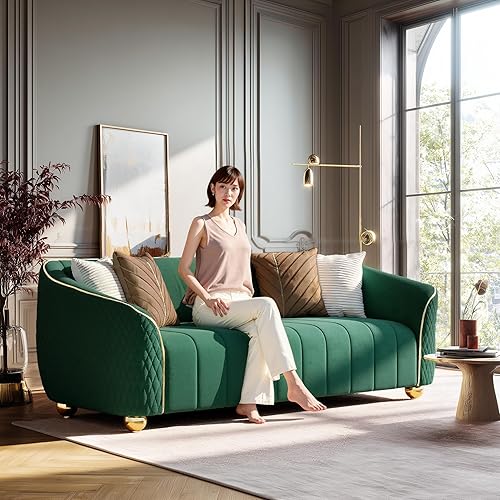 Miniatura 7 de Sofá de terciopelo de 3 plazas "85", moderno cojín de resorte de felpa, marco de madera maciza, asiento profundo espacioso para espacios pequeños,