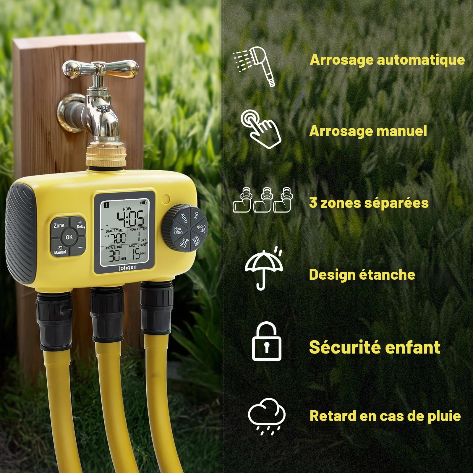 Johgee Programmateur Arrosage 3 Voies avec Entrée en Laiton, Minuteur Arrosage Automatique avec Retard de Pluie/Irrigation Manuelle, pour Serre, Pelouse et Jardin