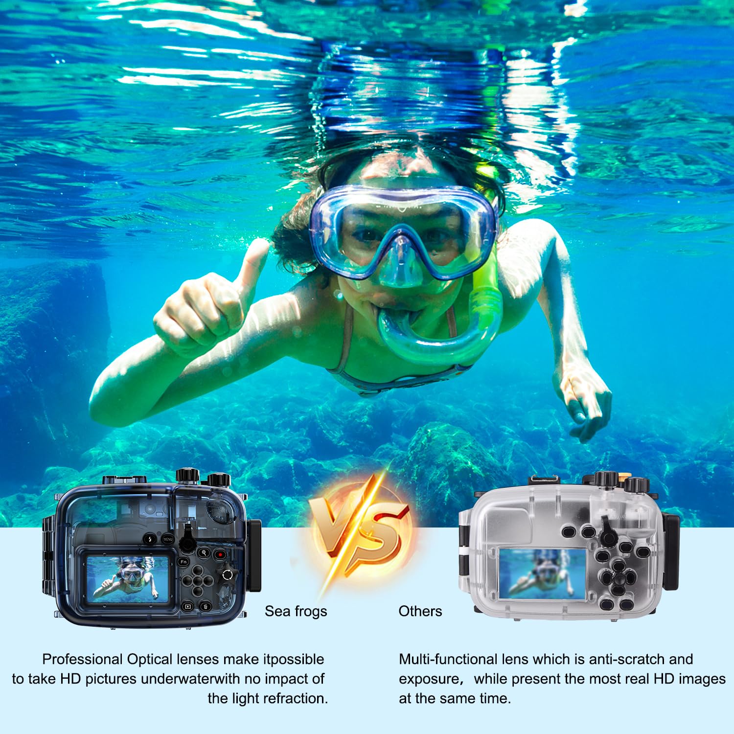 Sea frogs Carcasa impermeable para cámara compatible con Sony A6000/A6300/A6500 IPX8 60 m/196 pies de profundidad máxima de buceo para cámara subacuática para buceo, surf, remo, esquí