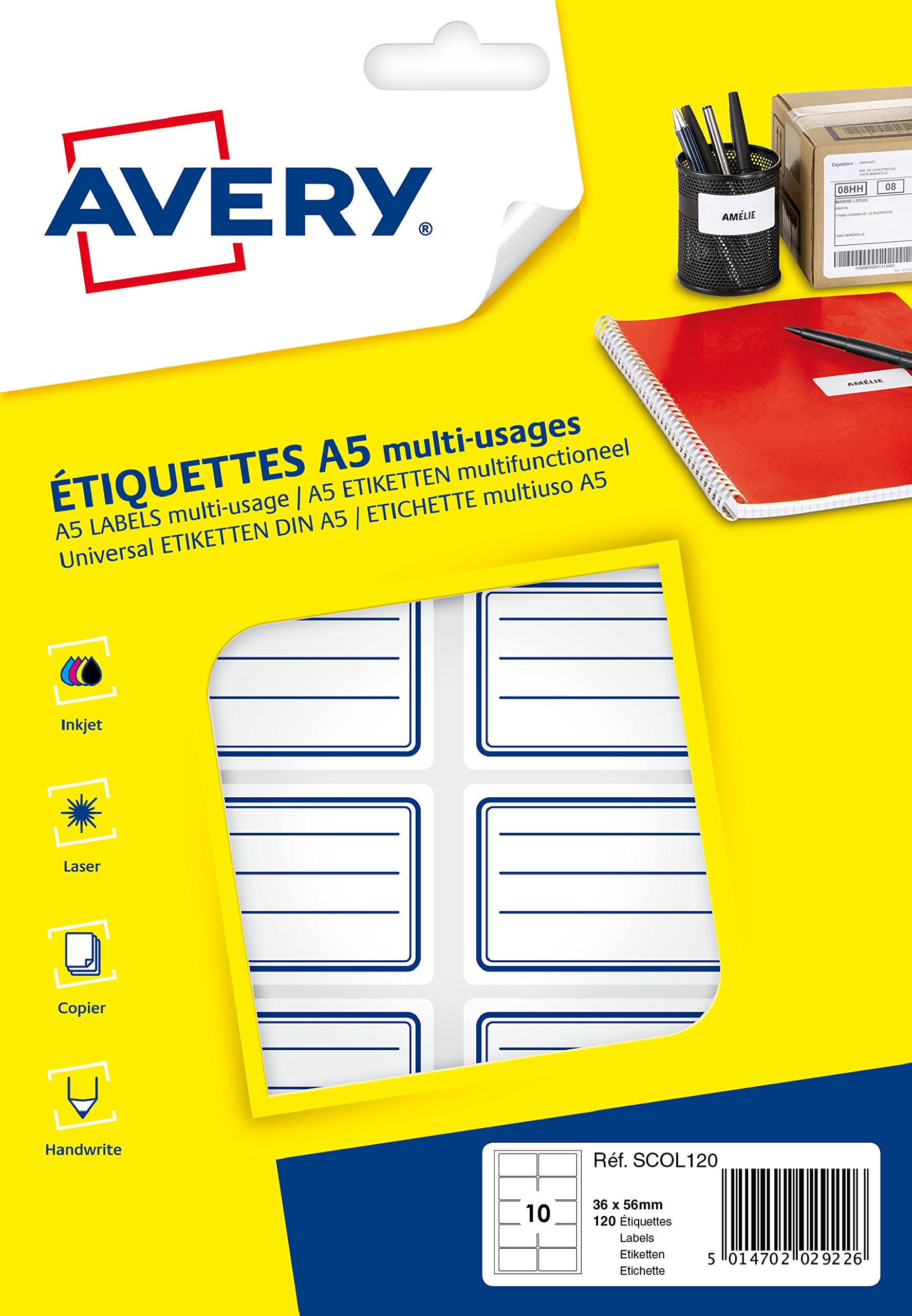 AVERY - Case of 120 self-Adhesive School/Blue Labels, Format 36 x 56 mm