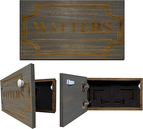 Miniatura 9 de Bellewood Designs Caja de Almacenamiento Oculta Personalizable para Pistolas en Pared - Caja de Seguridad Oculta para Armas con Nombre Familiar y
