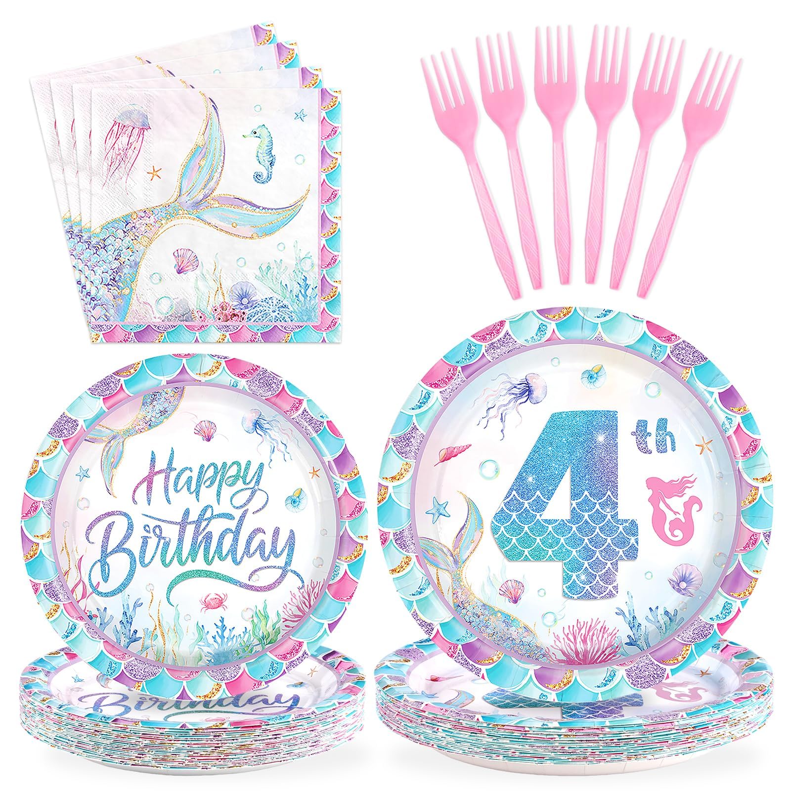 Greencian 96Pcs 4th Mermaid Birthday Party Decoration for Girls, Serve 24