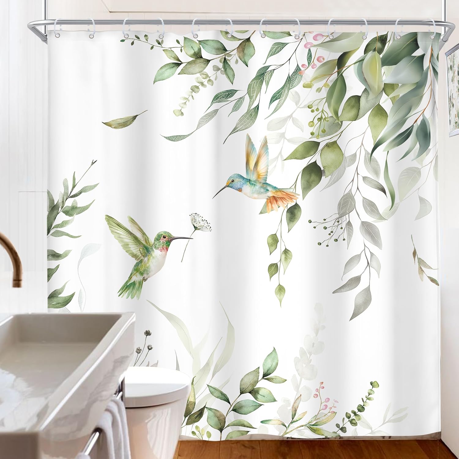 Riyidecor Extra Long Sage Green Eucalyptus Shower Curtain Spring Botanical Leaves Hummingbird Plant Bird Aesthetic 72Wx84H Inch Girls Women Fabric Decor Bathroom Polyester Waterproof 12 Pack Hooks
