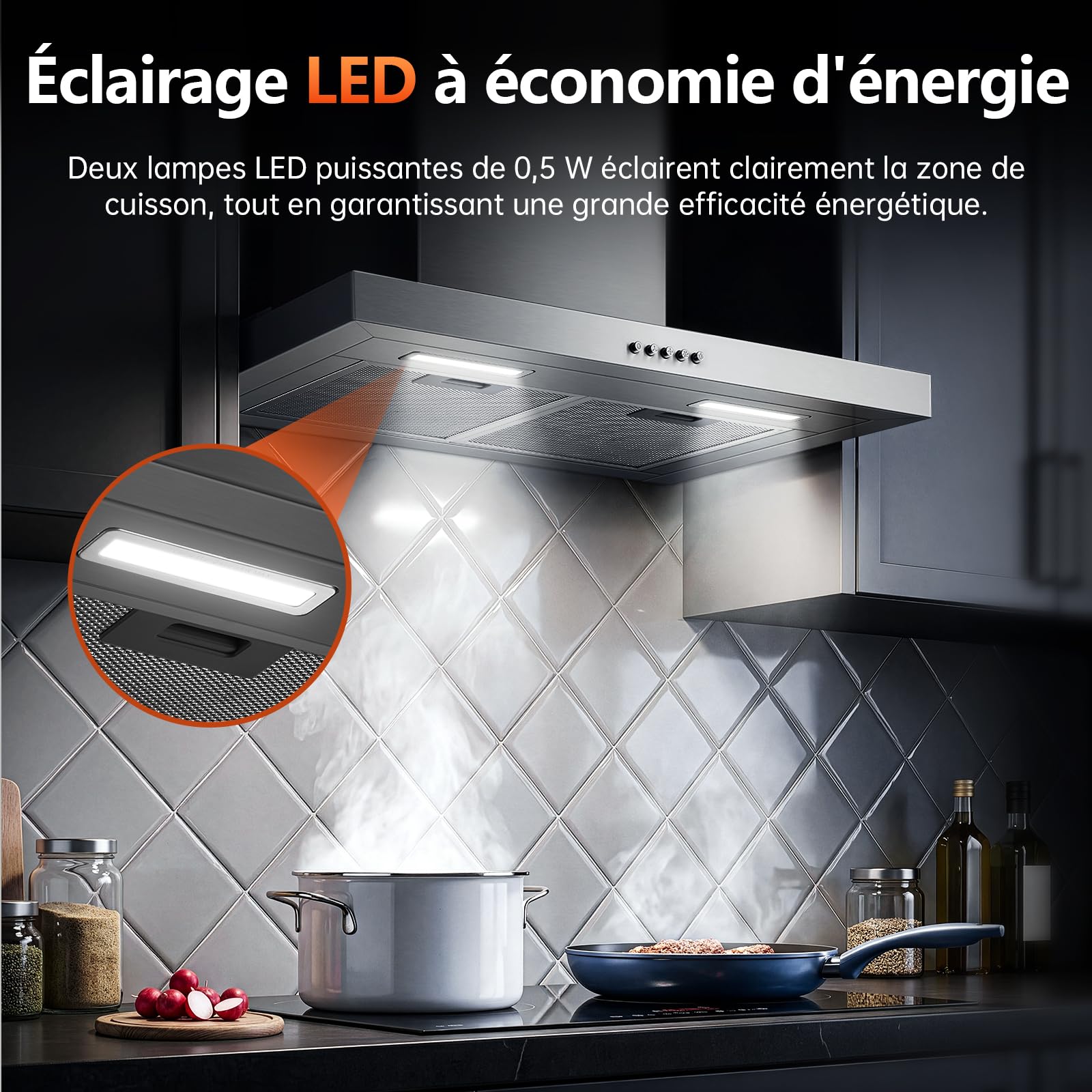 TopStrong Hotte Aspirante 60cm Murale, 450 m³/h Hotte Design T, 3 Vitesses Mécanique, Moteur Brushless A++, Inox 430, LED, Hotte Sans Évacuation & Évacuation