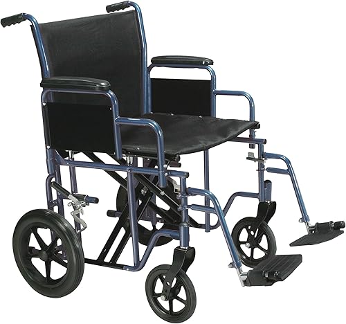 Silla de ruedas bariátrica durable de Drive Medical para transporte con soporte para pies movibles, BTR20-B, 20", Azul, 1, 1