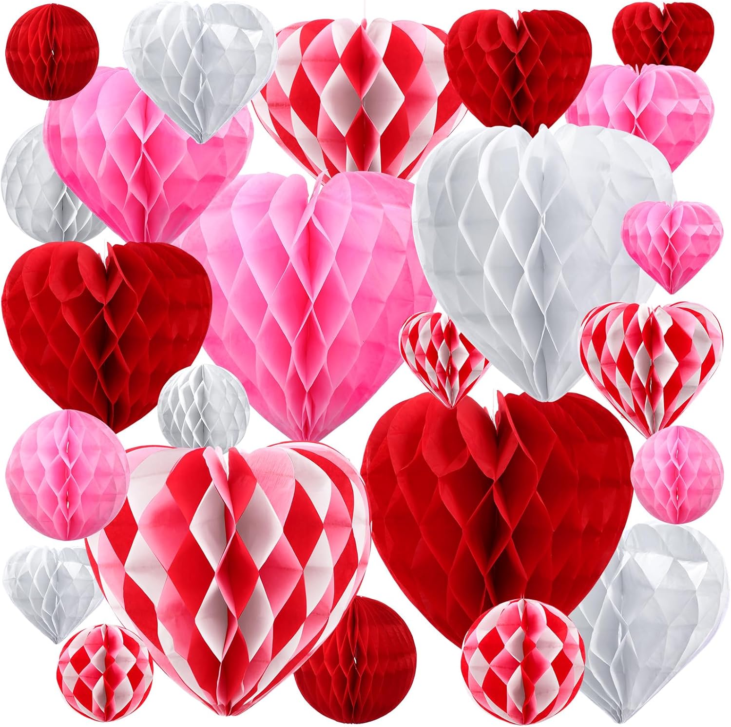 Feifeiya 48 Pcs Valentine's Day Paper Heart Shaped Honeycomb Party Decorations Red Pink White Color Blocking Round Heart Tissue Paper Pom Poms for Birthday Wedding Decorations, 5 Size