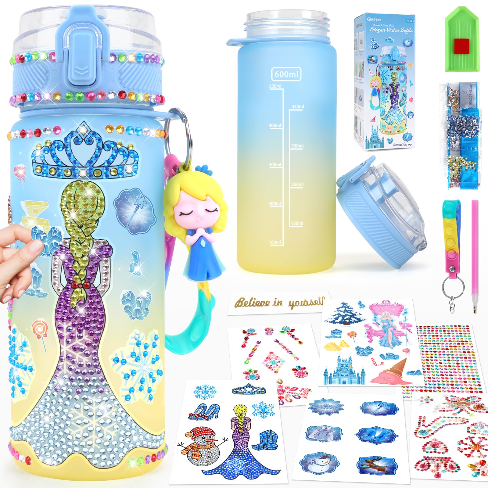 Decora tu propia botella de agua para niñas de 4 a 6 a 8 a 10 años, juguetes de Frozen para niñas, manualidades de pintura, divertidos kits de artes y manualidades de 6 a 12 años, regalos de
