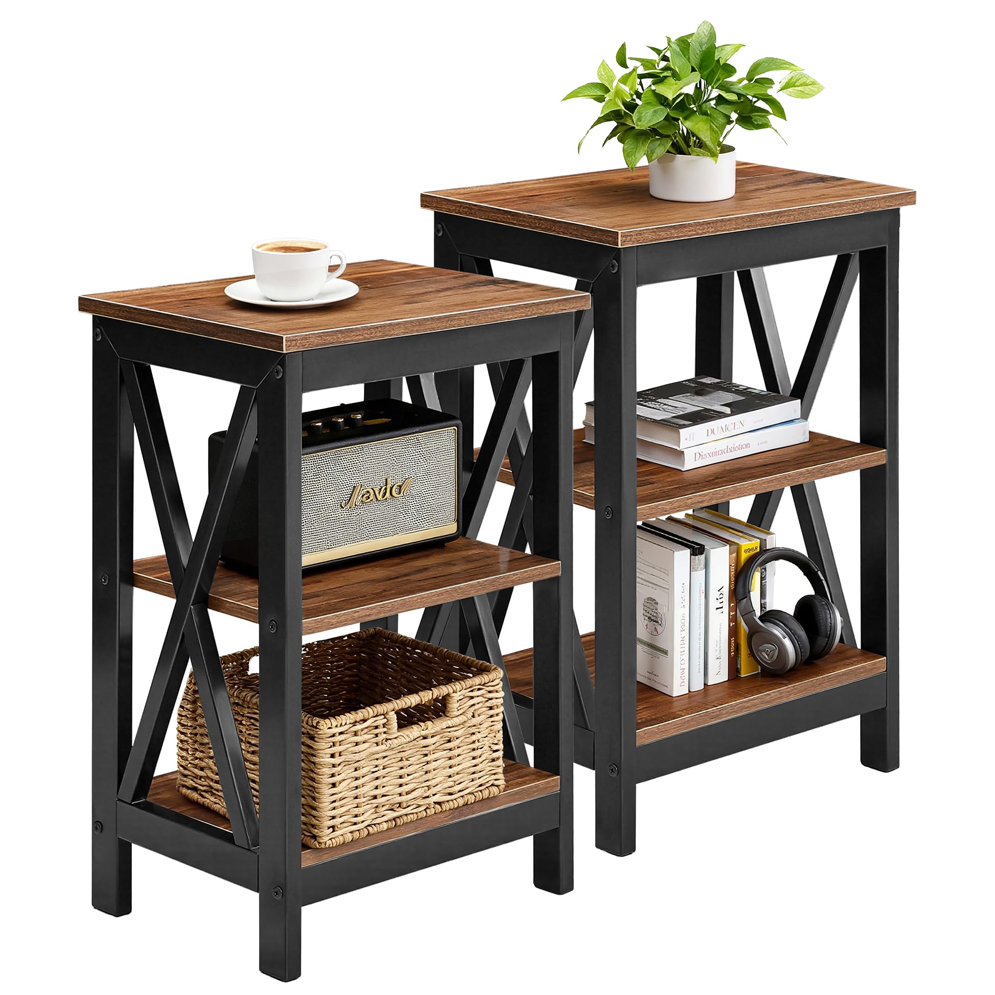 VECELO Side Table Set of 2, 3-Tier Sofa Nightstand Bedside with Storage, X Design Sturdy Metal Frame, Industrial Style for Living Room, Bedroom, Home Office