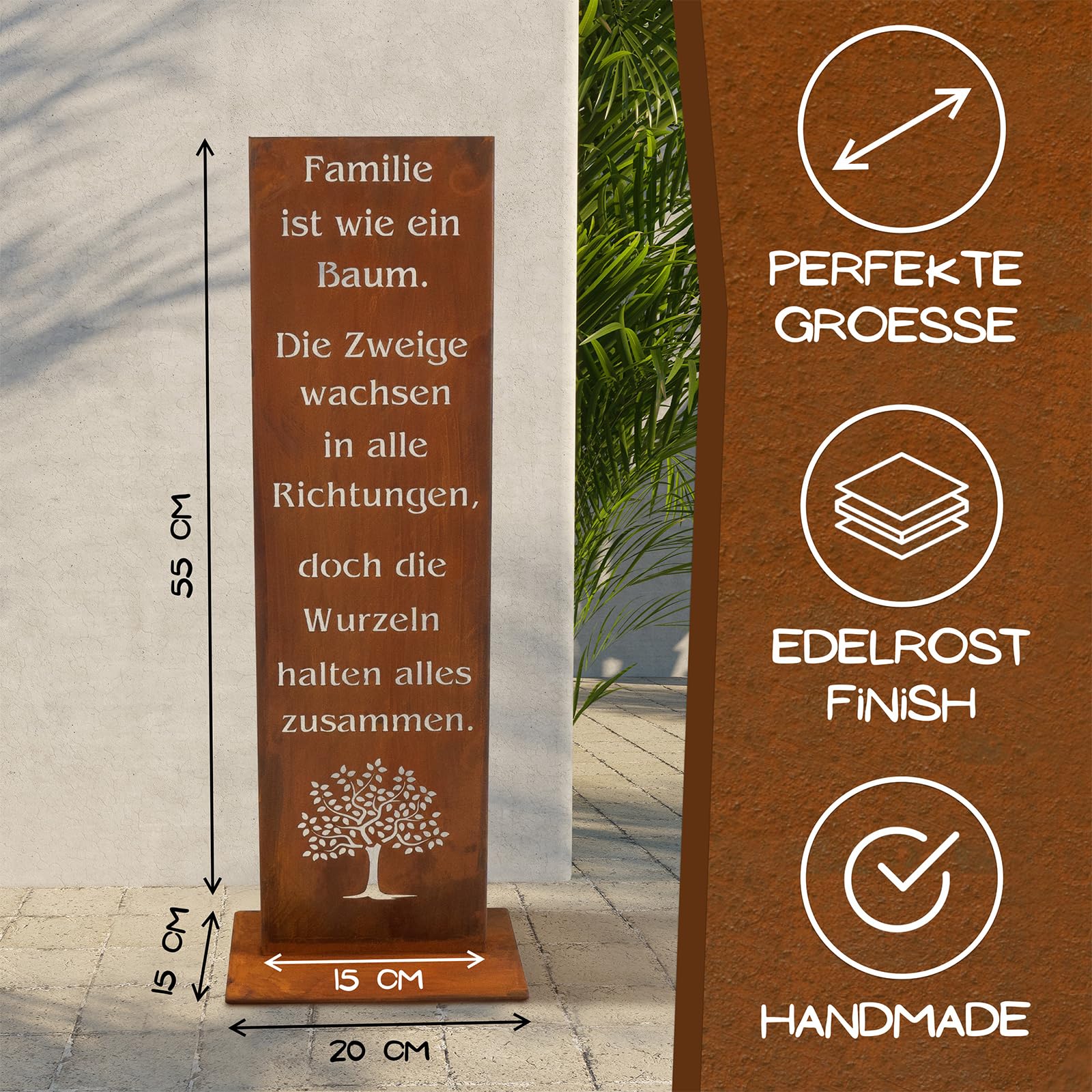 Rostikal Gartenschild Familie 55 cm Edelrost Gartendeko Geschenk wetterfest | Familienspruch mit Lebensbaum aus Cortenstahl - rostige Rostdeko, Landhaus-Stil, Spruchtafel für drinnen und draußen