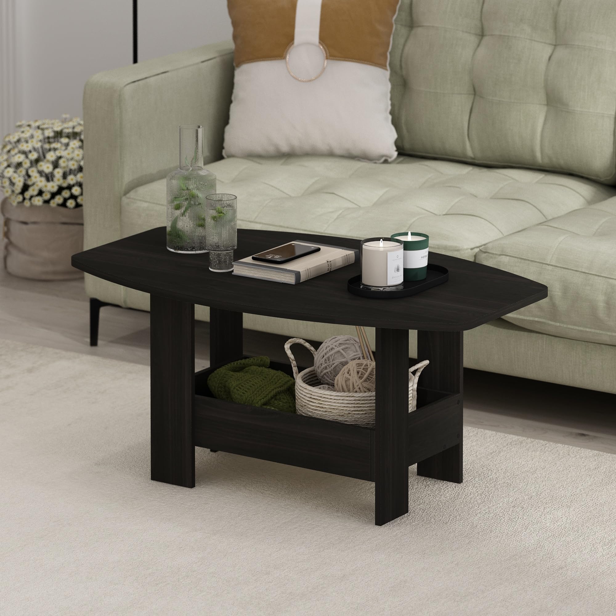 Furinno Simple Design Mesa de Centro de 2 Niveles con Estante Inferior; Mesa Auxiliar esquinera Redonda; para Sala, Dormitorio u Oficina en casa; Color Espresso