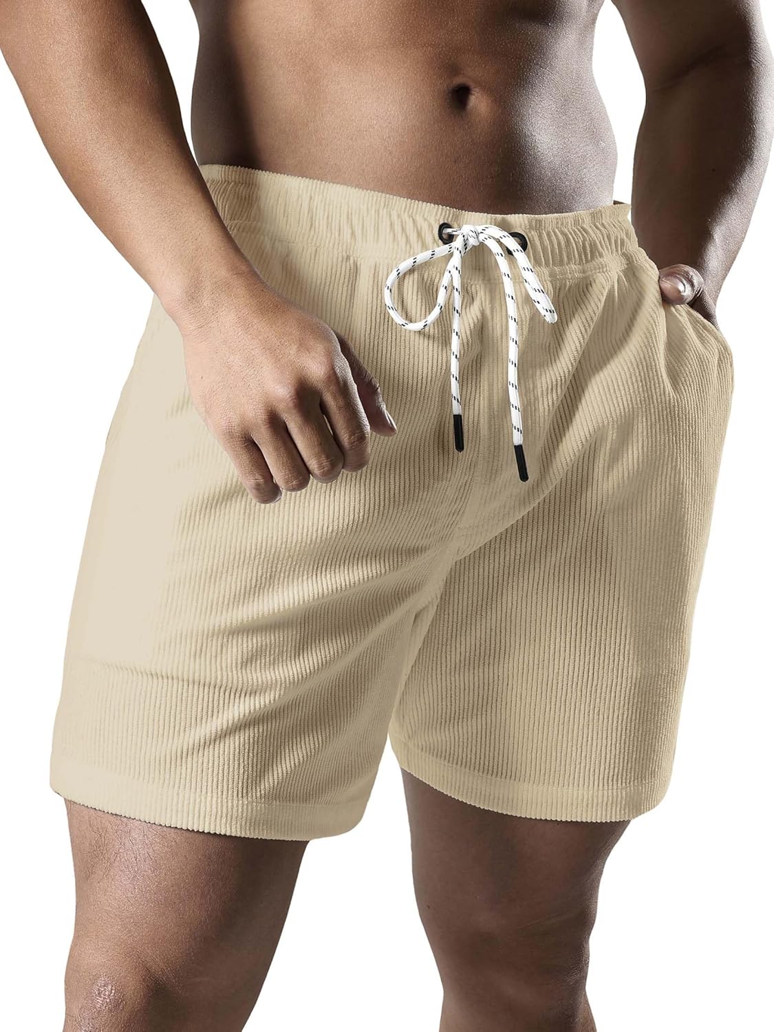 Men's Casual Drawstring Corduroy Shorts Elastic Waist Summer Shorts with Pocket - Image 4