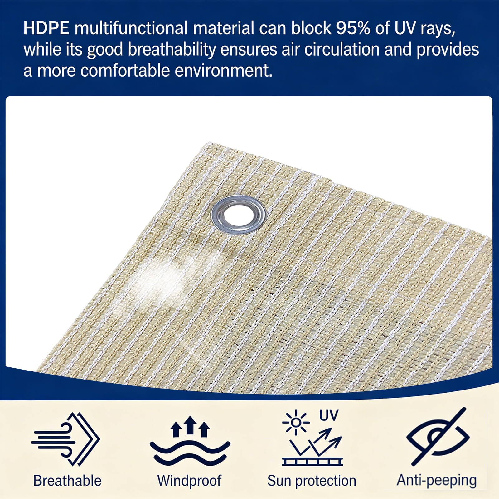 Recinzione Copertura 190 x 425 cm in HDPE 220G ㎡, Frangivento, Protezione Solare, Permeabile, Anti-Uv, Telo Frangi-Vista Balcone con Fascette e Funi para Jardín Exterior, Color Crema