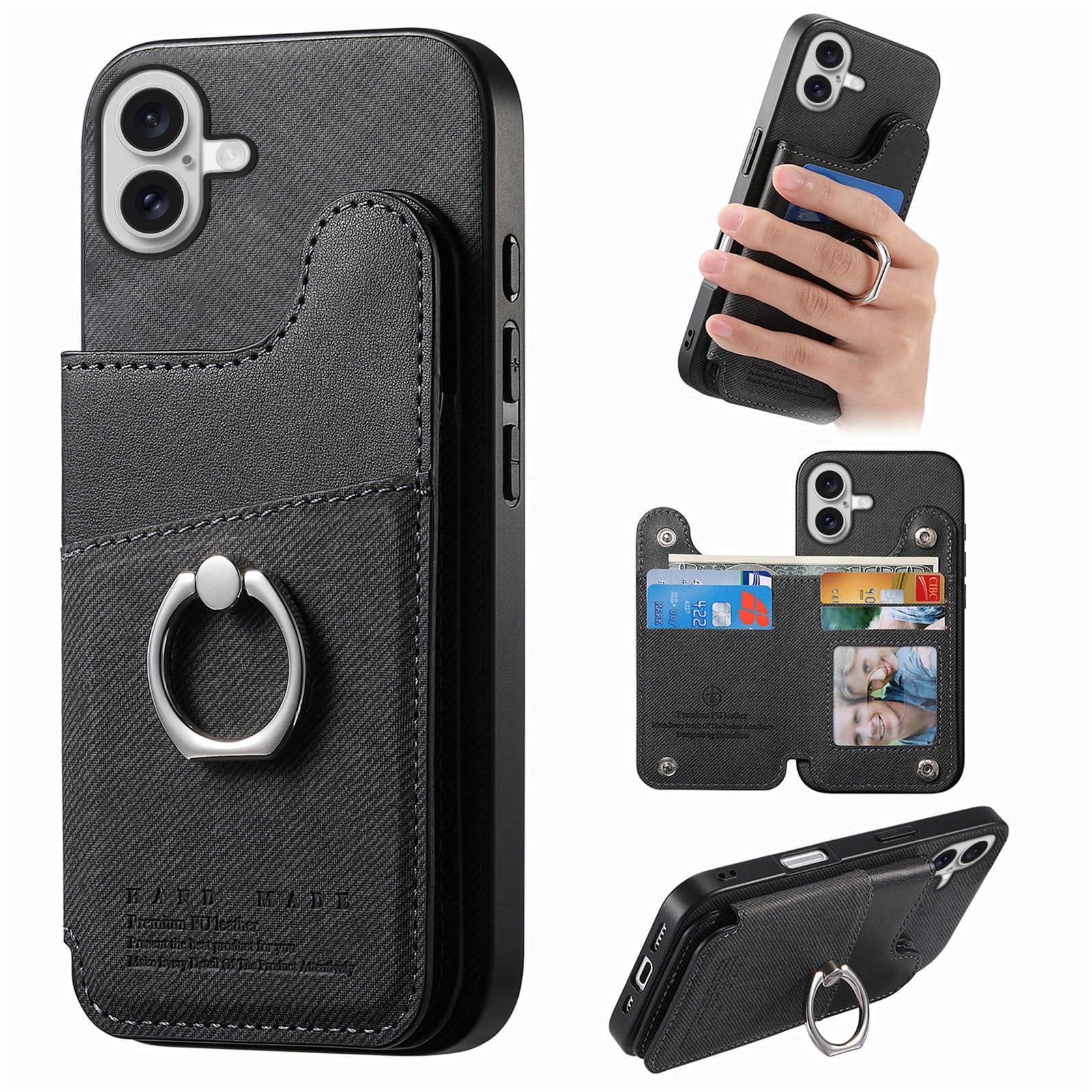 ONETHEFUL 対応 iPhone 17 ケース 手帳型 背面 カード収納 あいふおん17 ケース スタンド機能 リング付き いphone17 カバー 財布型 For iphone17 カバー カメラ保護 PUレザー RFIDブロッキング 360°回転 TPU全面保護ブラック