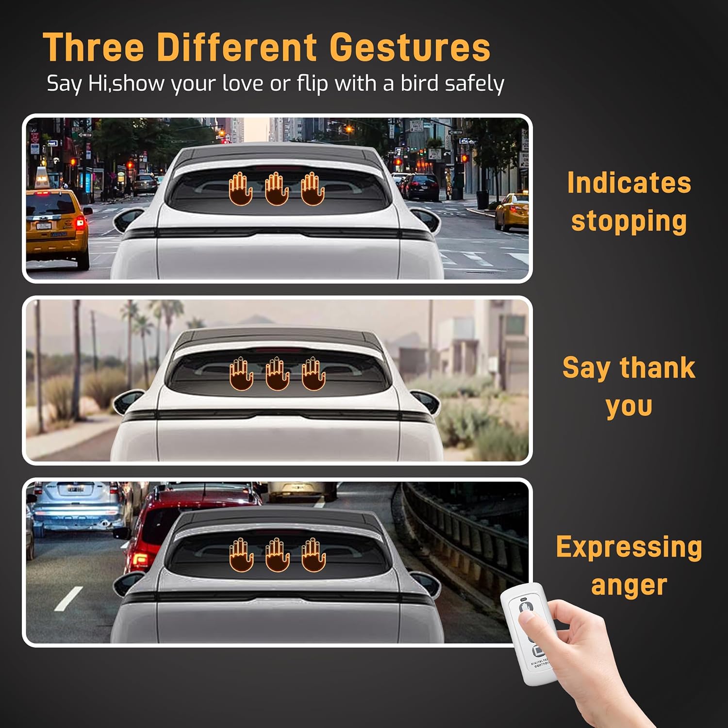 Hand Gesture Light for Car - Road Rage Hand LED Sign for Car Back Window, 3 Modes, Remote Control, Funny Auto Accessories, Ideal Gift for Men, Dad, Husband, Car Enthusiasts, 3PCS