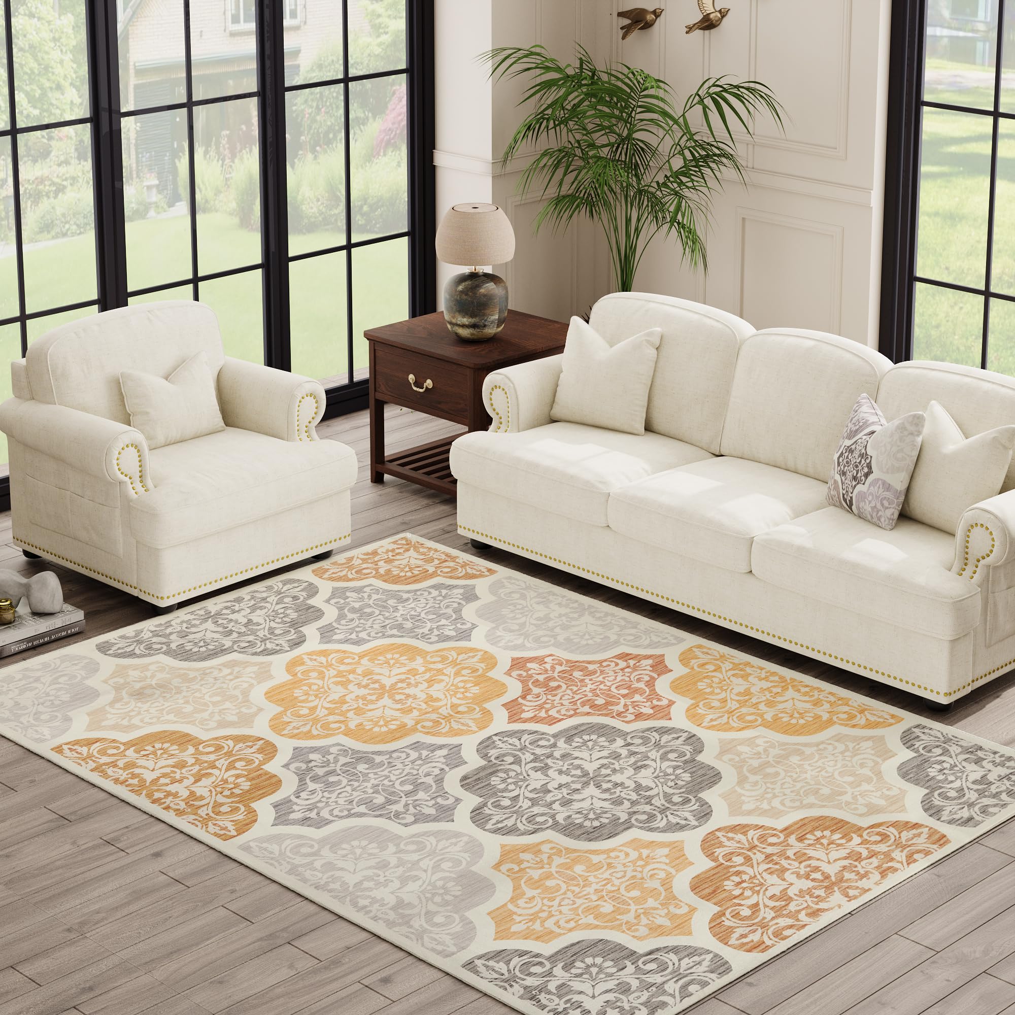 jinchan Area Rug 6x9 Moroccan Rug Washable Rug Floral Rug Lattice Rug Non Slip Accent Rug Thin Rug Floor Cover Medallion Soft Rug Carpet Kitchen Living Room Bedroom Dining Room Yellow