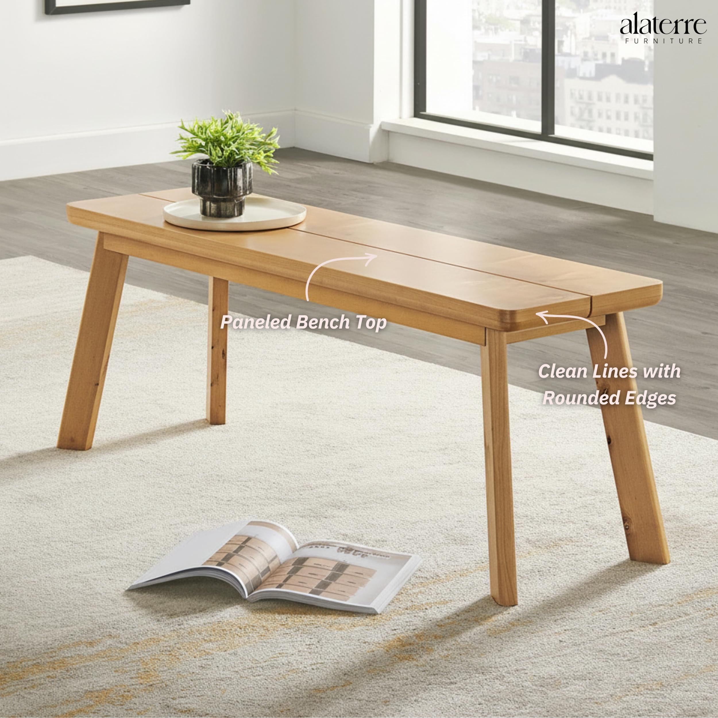 Alaterre Furniture Shelburne Dining Bench – Modern Farmhouse Farmhouse 48-Inch Solid Wood Bench with Maple Veneer Top for Kitchen Table or Dining Room (Warm Natural)
