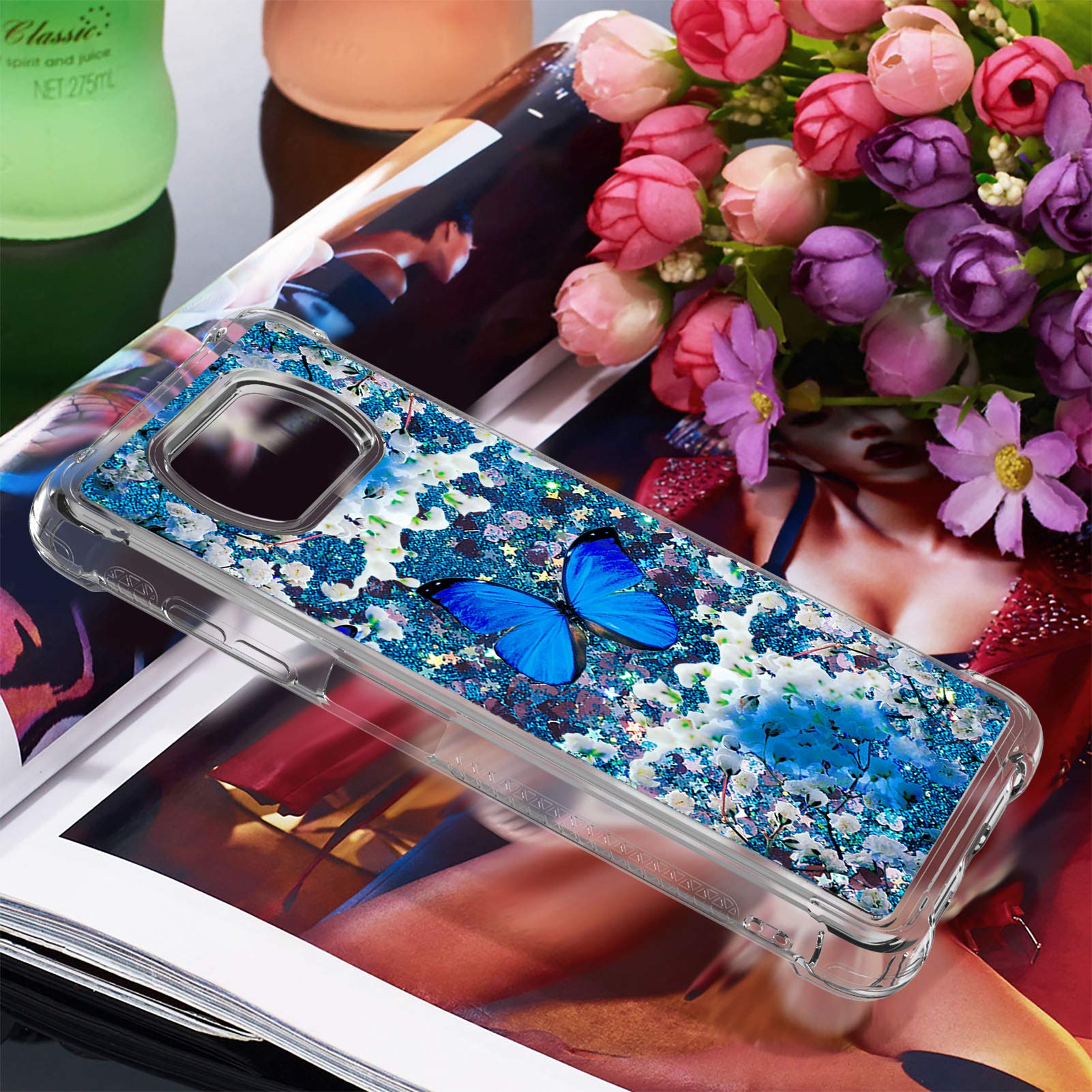Custodia Glitter Con Cavalletto Per Xiaomi Poco X3 NFC / X3 Pro - TPU Morbido Con Brillantini Quicksand, Effetto Farfalla Blu