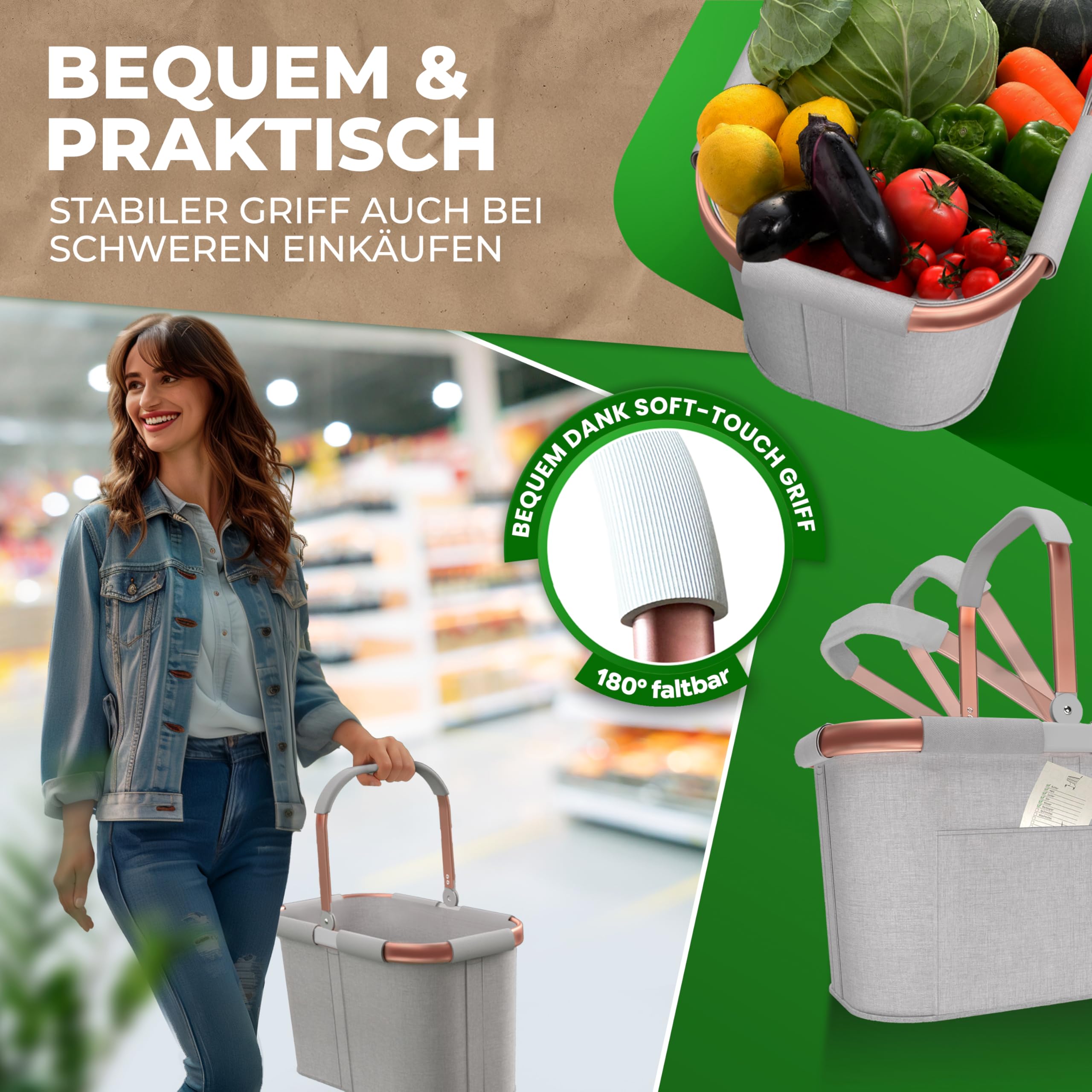 Cottara 30l stabiler Einkaufskorb groß | Tragekorb mit Henkel und verstärktem Boden, Frontfach und Innentasche mit Reißverschluss | Ideal als Einkaufstasche, Picknickkorb oder Shopper (Hellgrau Rose)