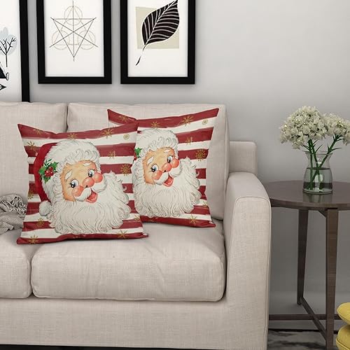 Miniatura 7 de Juego de 2 fundas de almohada rojas de Papá Noel de 20 x 20 pulgadas, diseño de copos de nieve dorados de Navidad a rayas, fundas de almohada