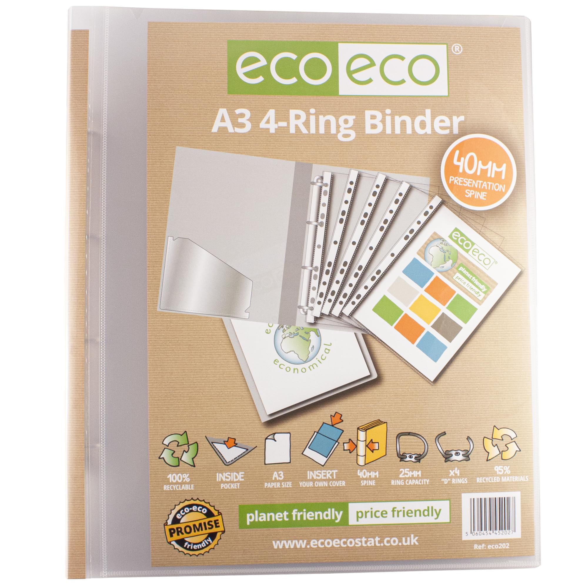 eco-eco A3 95% Recycled 4-D Portrait Clear Presentation Ring Binder File Folder, 40mm Spine, Artwork Portfolio, eco202
