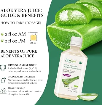 AloeCure USDA Organic Aloe Vera Juice Grape Flavor, Made Within 12 Hours of Harvest - Pure Aloe Vera Digestive & Immune Health Supplement, Helps Maintain Balanced Stomach Acidity, 16.7oz Bottle