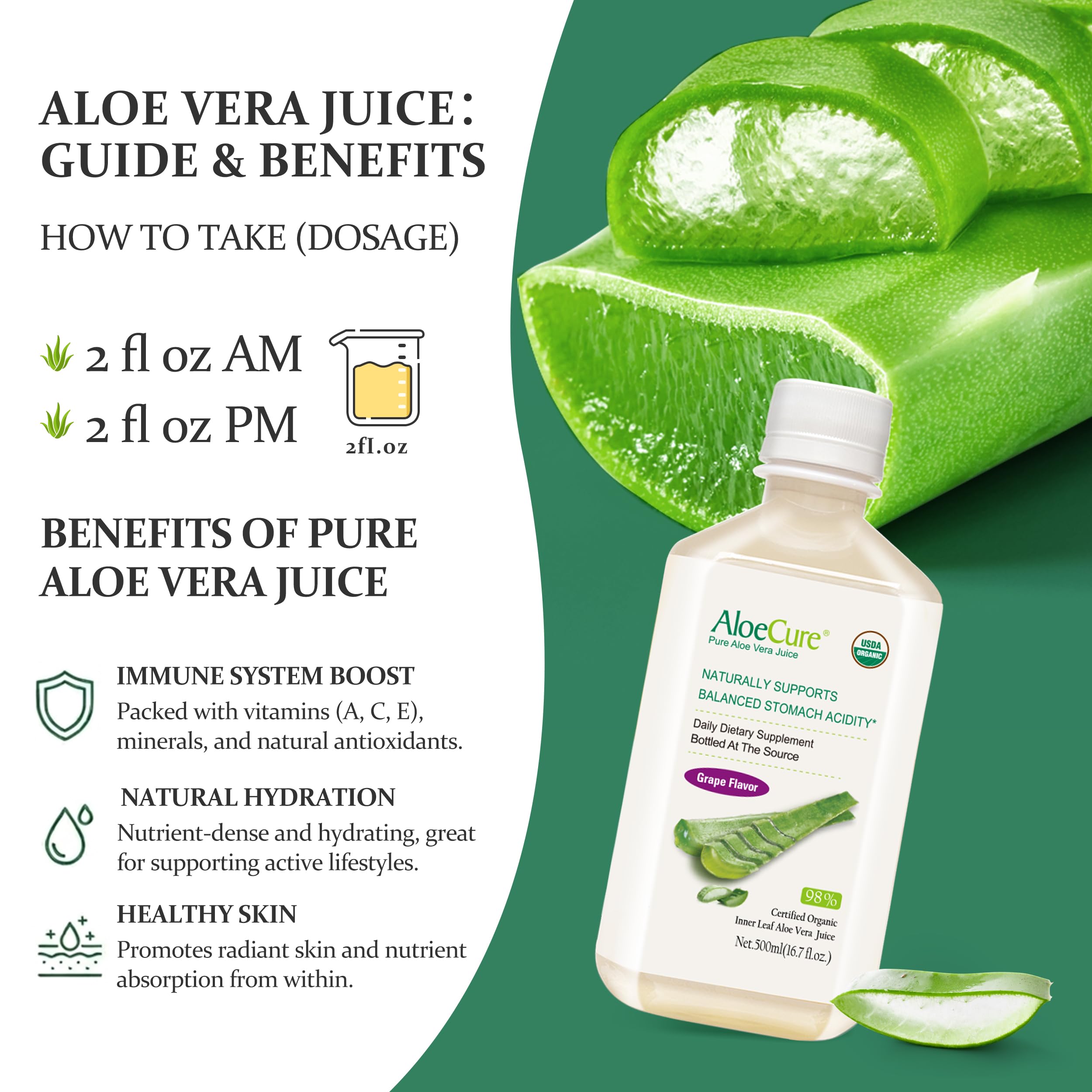 Amazon.com: AloeCure USDA Organic Aloe Vera Juice Grape Flavor, Made Within  12 Hours of Harvest - Pure Aloe Vera Digestive & Immune Health Supplement,  Helps Maintain Balanced Stomach Acidity, 16.7oz Bottle :
