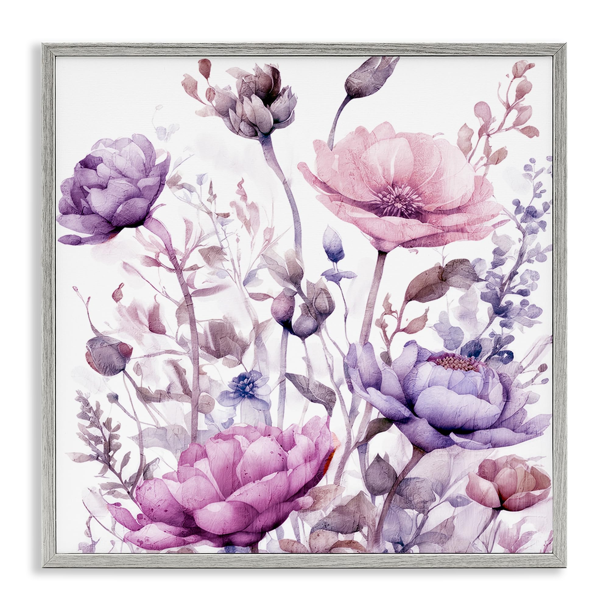 Stupell Industries 'Purple & Pink Florals', Framed Giclee Art, Gray, 12 x 12 Inches, Easy to Hang and Sturdy, Made in USA, by Kim Lewis