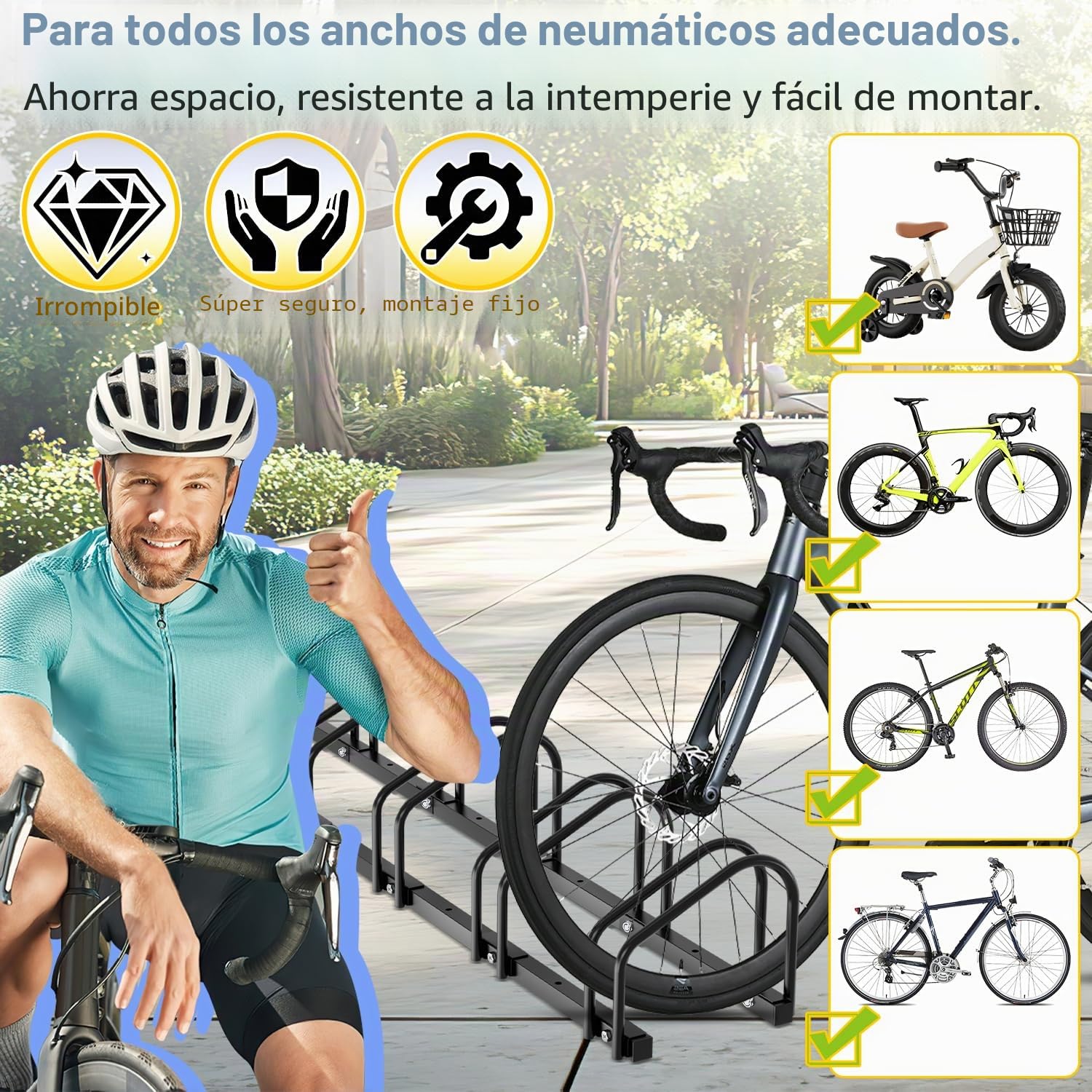 Aparcabicicletas para 6 bicicletas, soporte de bicicleta para el suelo con distancia entre ruedas de 30 cm para una anchura de neumático de 35-55 mm, soporte de bicicleta para montaje en