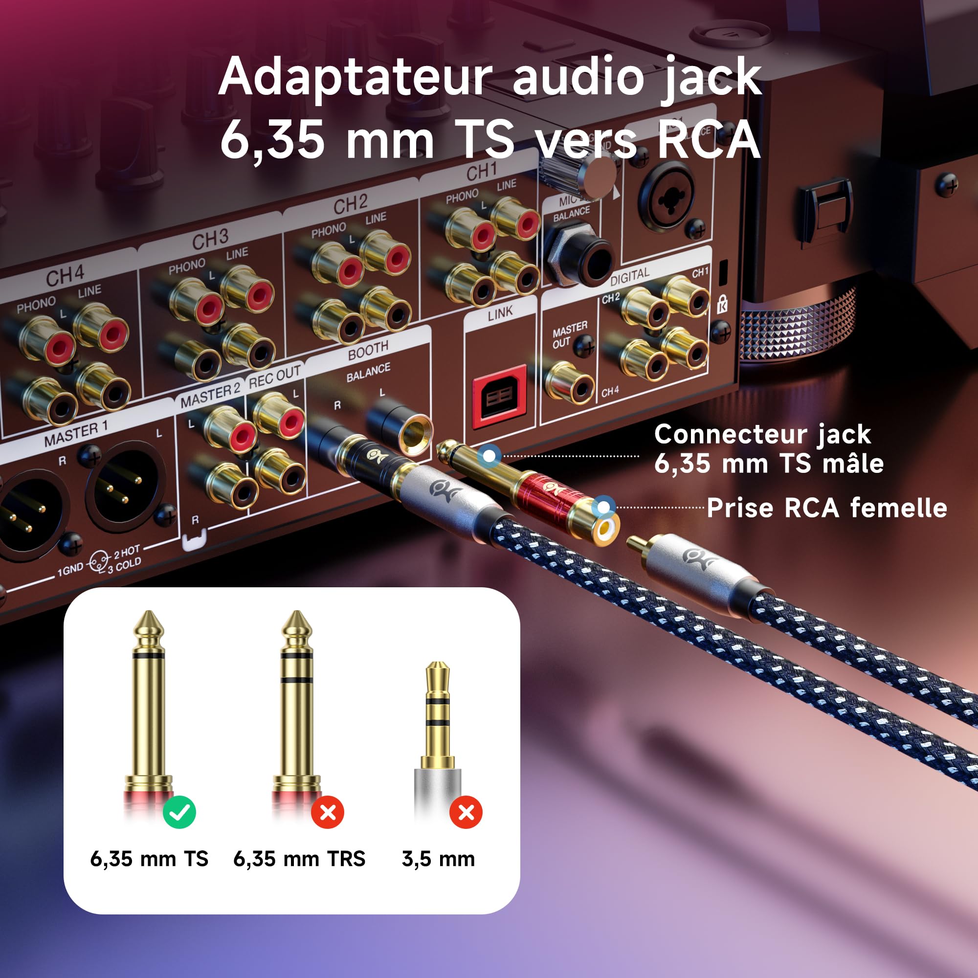Cable Matters Lot de 4 adaptateurs RCA vers Jack 6,35 mm (1/4") TS Mono – Convertisseur Jack 6,35 mm vers RCA, pour TV, chaîne Hi-FI, ampli, Instruments et équipements Audio domestiques
