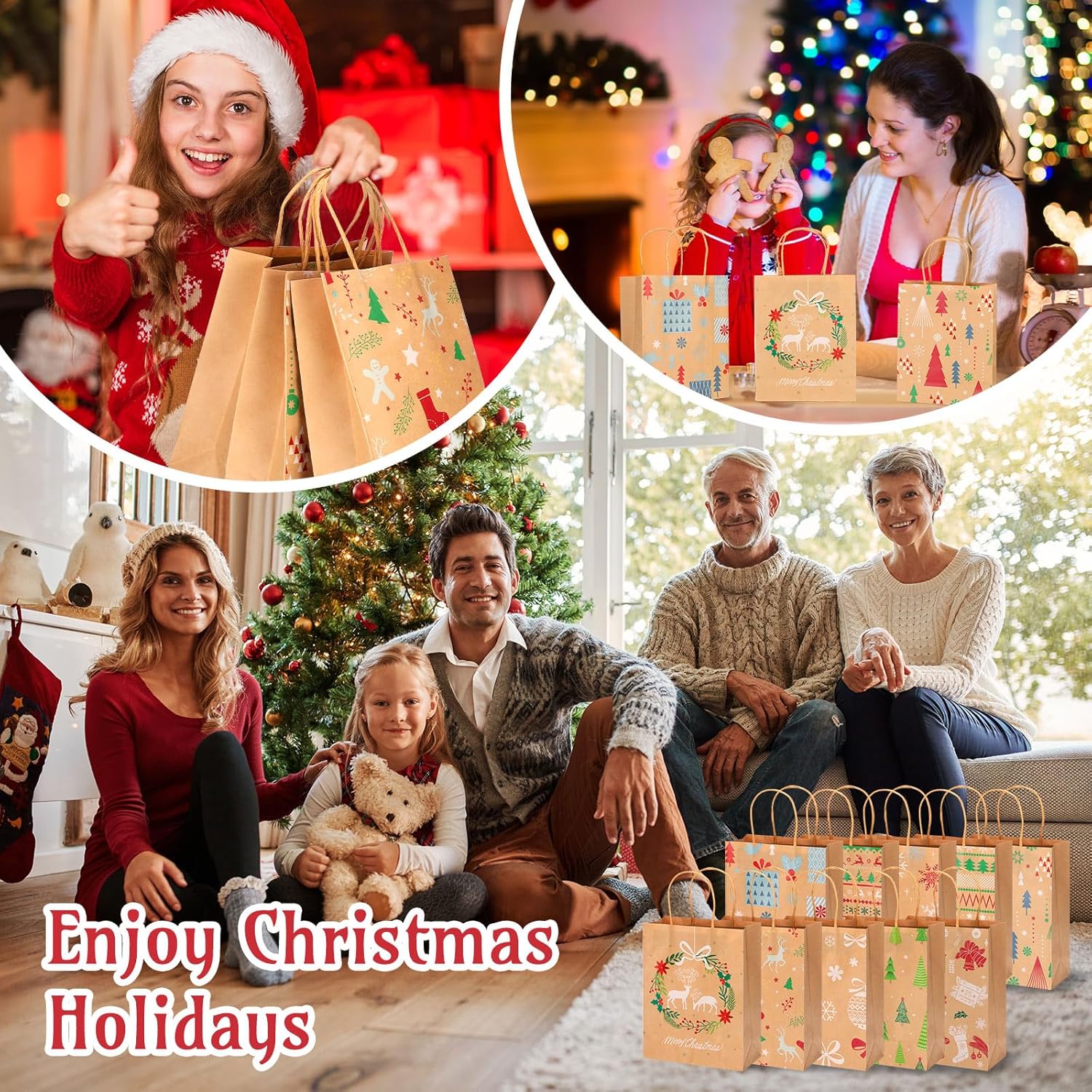 Cholemy 200 Pcs Christmas Gift Bags Bulk, 9 x 7 x 3 Kraft Paper Bags with Handle Goody Treat Bags for Xmas Party Favors Special Holiday Gifts, 10 Style(Classic Colors) - Image 6