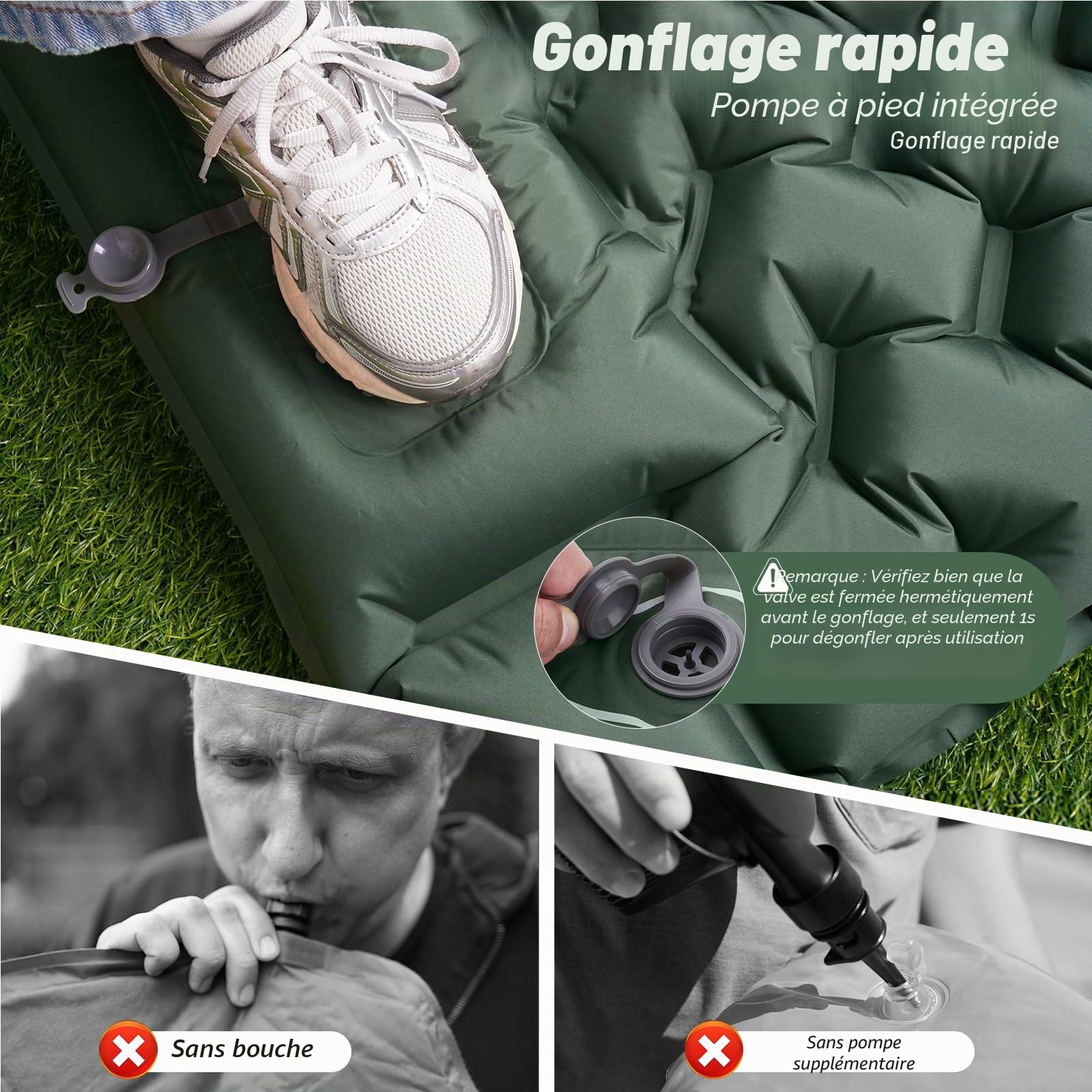 JATEKA Matelas Gonflable 1 Place, Matelas Camping Ultra Léger avec Pompe à Pied et Oreiller, Matelas Gonflable 1 Place Résistant à l'eau Portable et Compact Randonnée/Plage/Tente - Vert Militaire