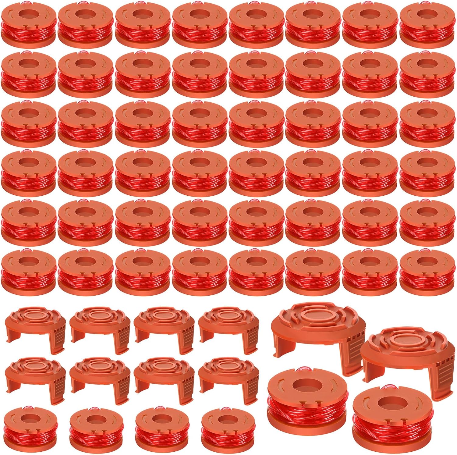 Hiboom 64 Pcs Replacement Spool Trimmer Line String Compatible with Worx WA0010 Trimmer Line Refills 0.065 Inch Compatible with Worx, 54 Line Spools and 10 Caps
