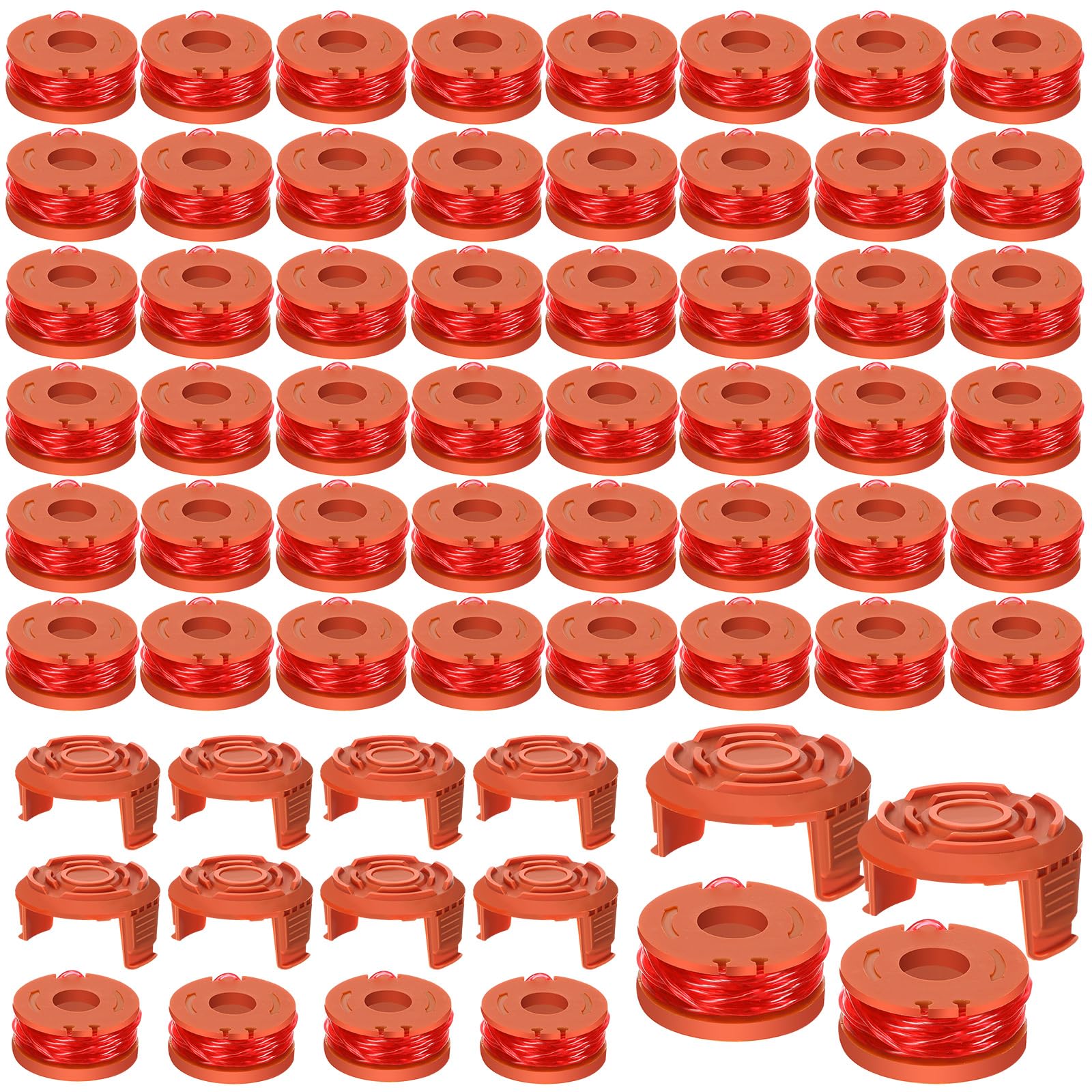 Hiboom 64 Pcs Replacement Spool Trimmer Line String Compatible with Worx WA0010 Trimmer Line Refills 0.065 Inch Compatible with Worx, 54 Line Spools and 10 Caps