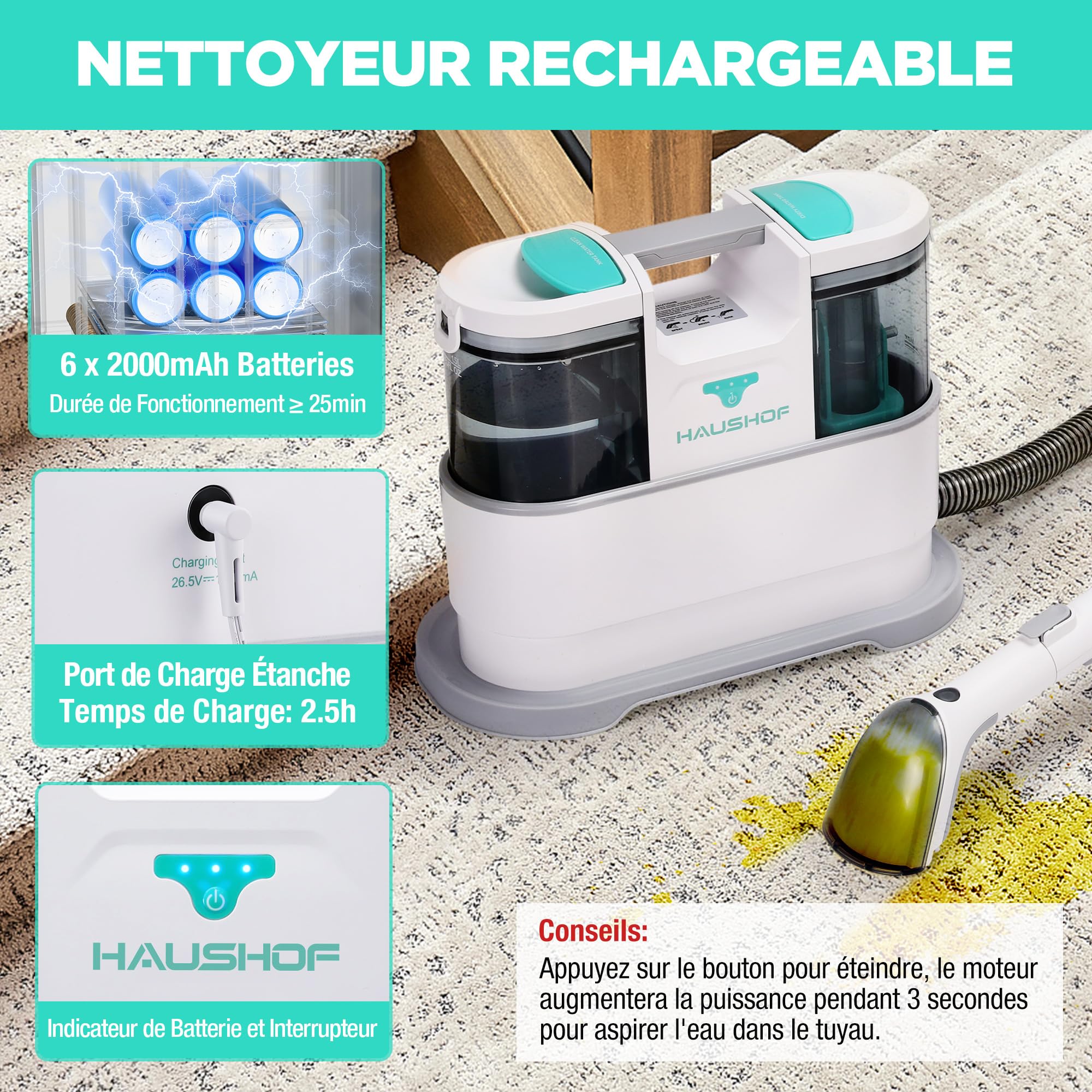 HAUSHOF StainZapper Air Nettoyeur de Tapis Portable 24V avec Nettoyant et Brosses, Nettoyeur Moquettes Shampouineuse pour Canapé, Tissus d'ameublement, Voiture, Escaliers, Tissus, Animaux, 38*20*30 CM