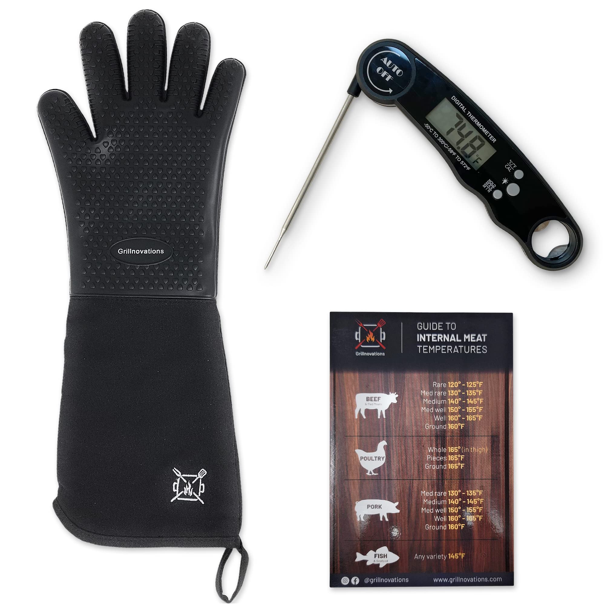 Duo Pack Instant Read Food and Meat Digital Thermometer and Grilling Glove - Auto-Off Feature, Power Saving and Backlight Function - Food Grade Safe 304 Stainless Steel - Grilling Guide Included