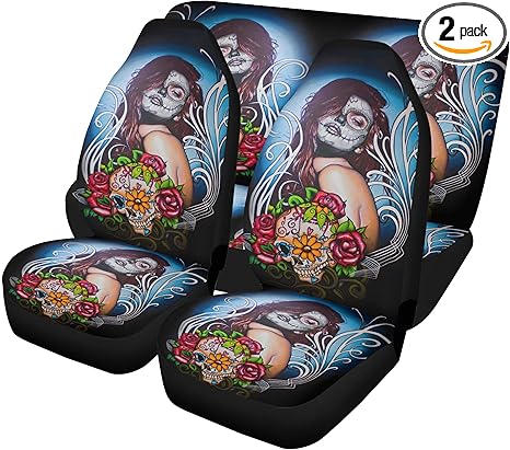 Dia de Los Muertos Sugar Skull Car Seat Covers Glitter Mats Mexican Candy Skull Custom Seat Cover, Cute Festival Car Mat Boho Auto Interior Accessories (2pcs Front mats)