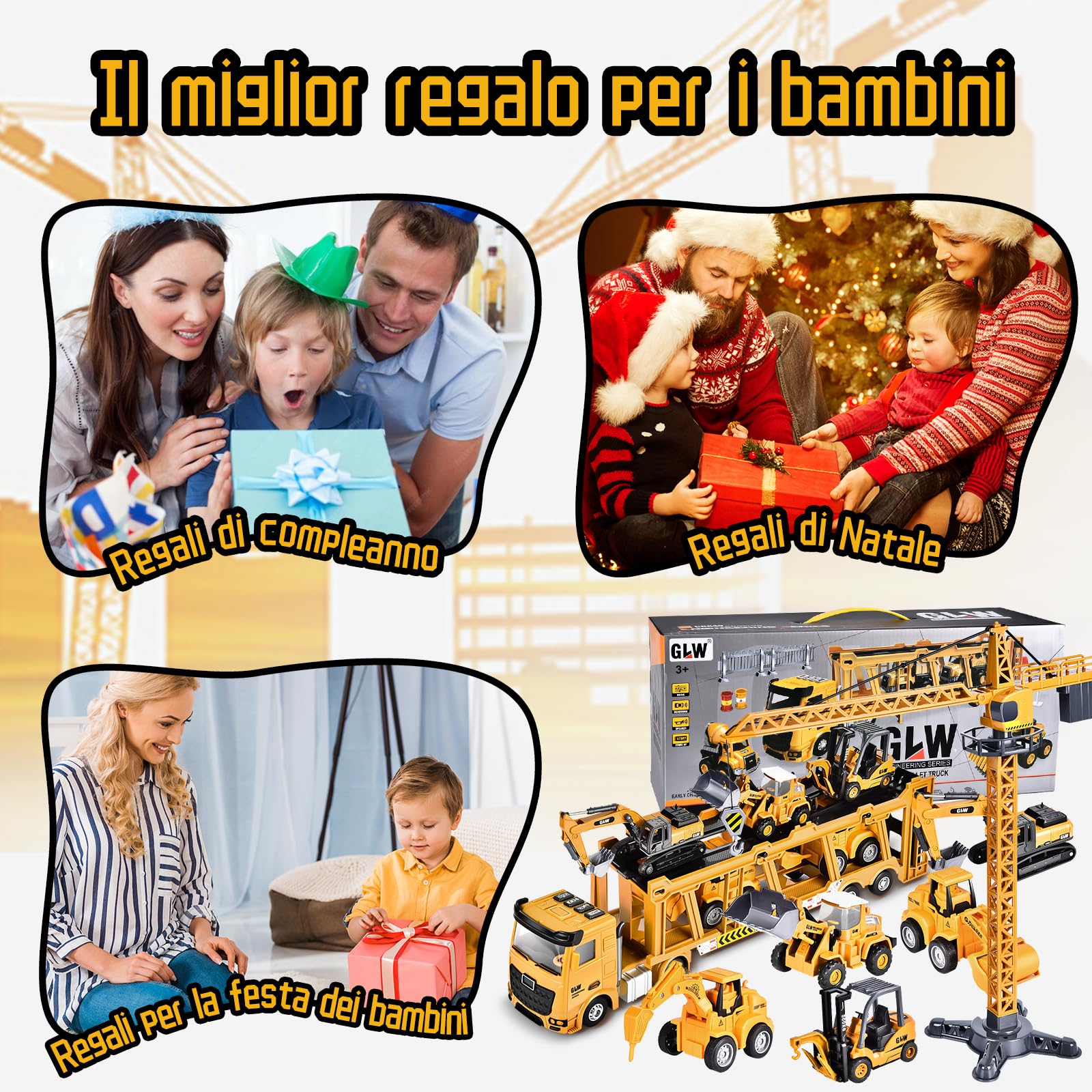 Herefun Set di giocattoli per veicoli da cantiere, per bambini, grandi gru, veicoli da costruzione per bambini, giocattolo per il trasporto di auto, giocattolo a partire dai 3 anni, regalo per ragazzi