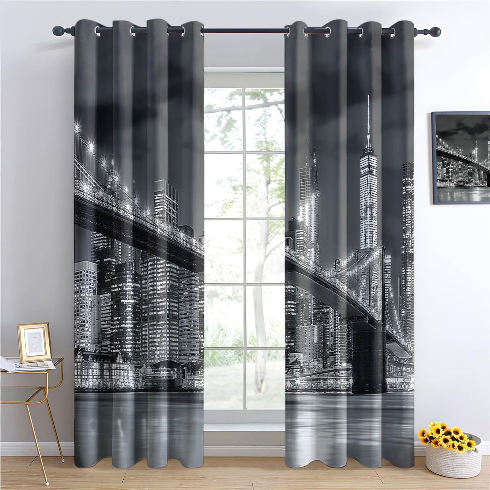 Tenda oscurante per finestra Grigio stampa 140L x 260A cm (2 Pannelli) Tenda decorativa per finestra Skyline di New York per camera da letto e soggiorno Tende oscuranti con isolamento energetica