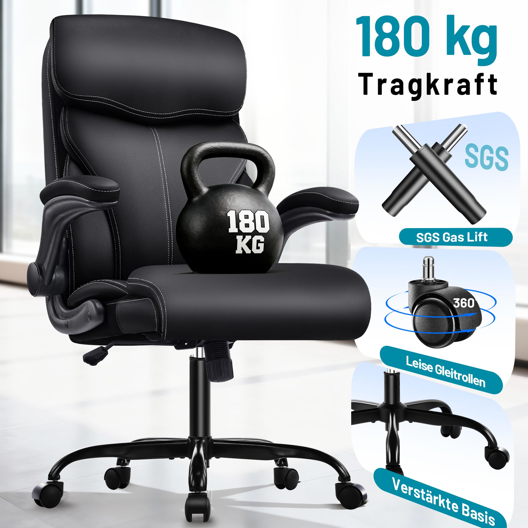 Ergonomischer Chefsessel aus PU-Leder mit Armlehnen, Schwarz | belastbar bis 180 kg , Hohe stabile Rückenlehne, höhenverstellbarer Drehstuhl mit Rollen, optimal für Büro & Homeoffice