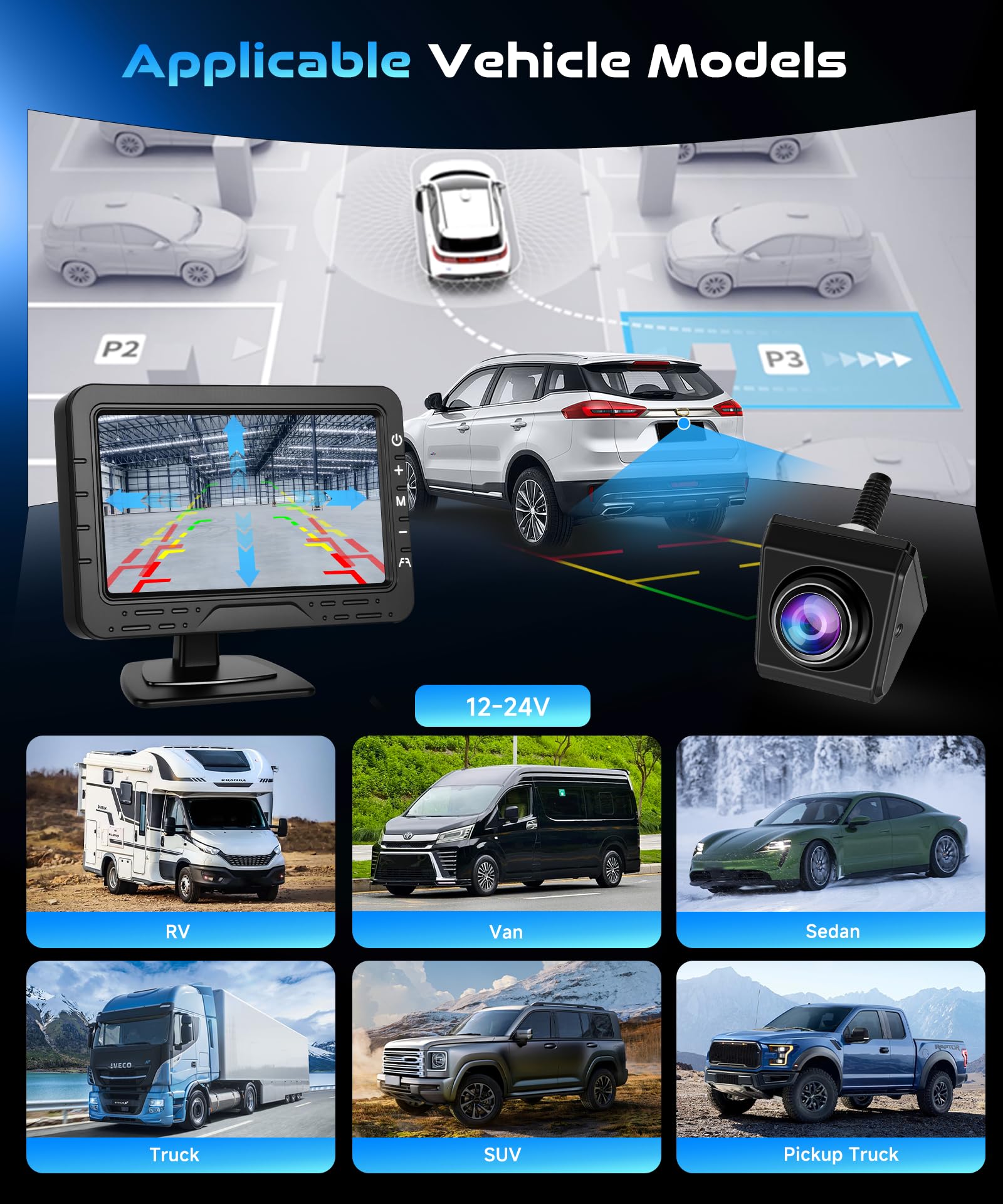 VECHTEL Bezprzewodowa kamera cofania 1080p 12 V, ekran IPS 4,3 cala, dyrektywy DIY, widoczność w nocy, wodoszczelność IP68