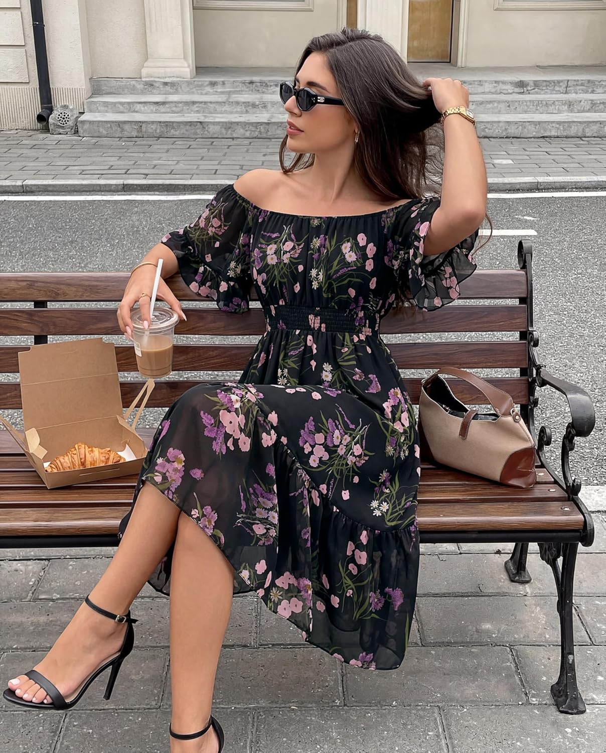 Women's Summer Boho Off Shoulder Midi Dress Ruffle Sleeve Smocked Elastic Waist Flowy Dresses